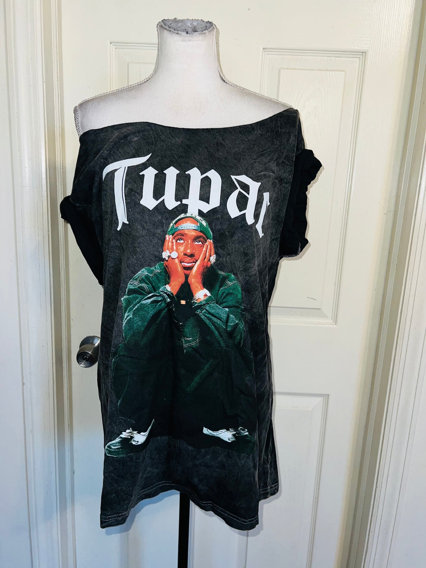 Tupac Oversized Distressed Off The Shoulder Tee