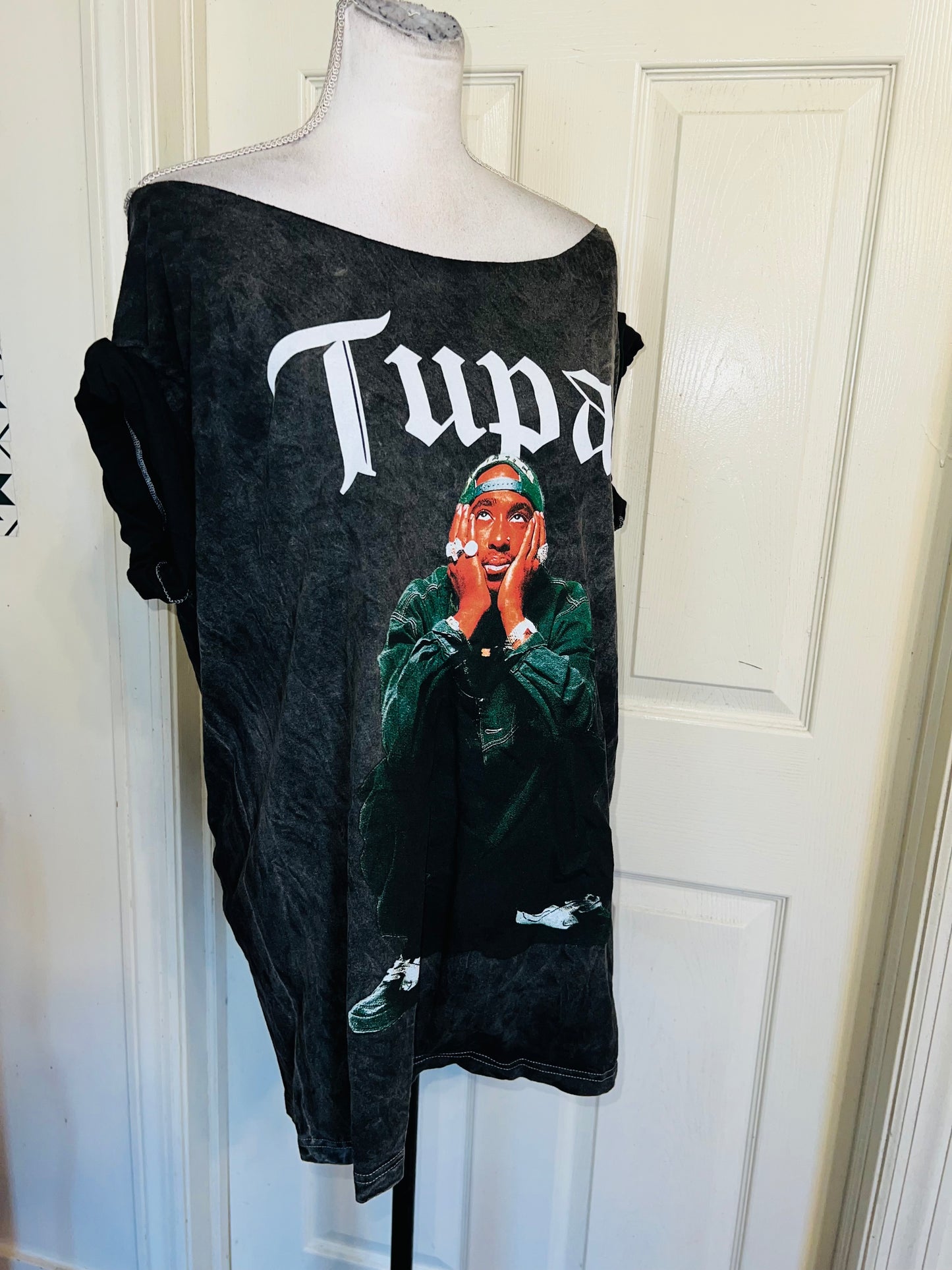 Tupac Oversized Distressed Off The Shoulder Tee