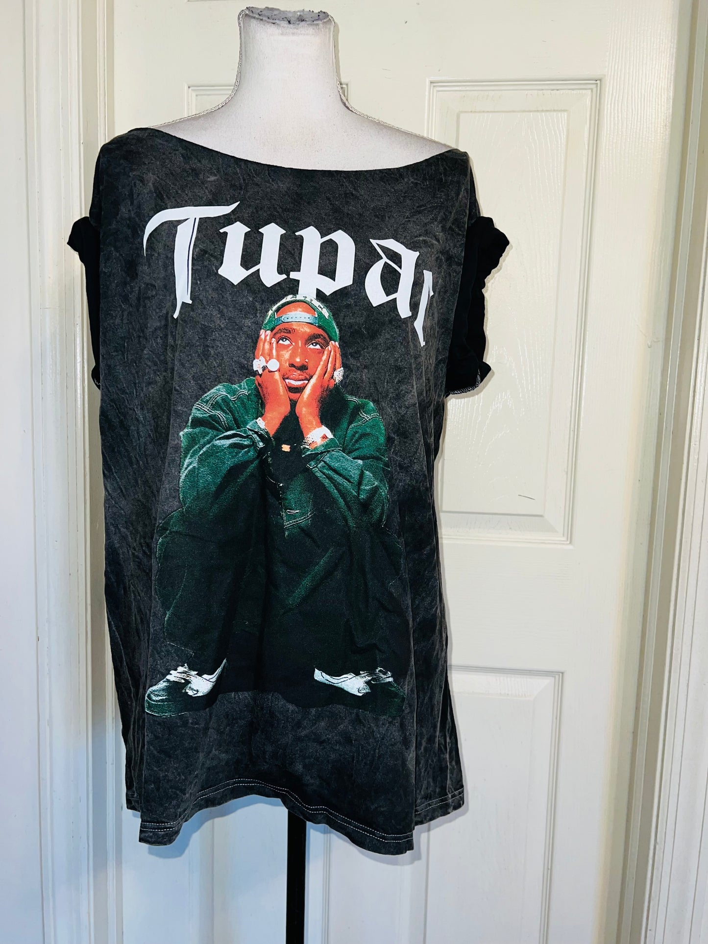 Tupac Oversized Distressed Off The Shoulder Tee