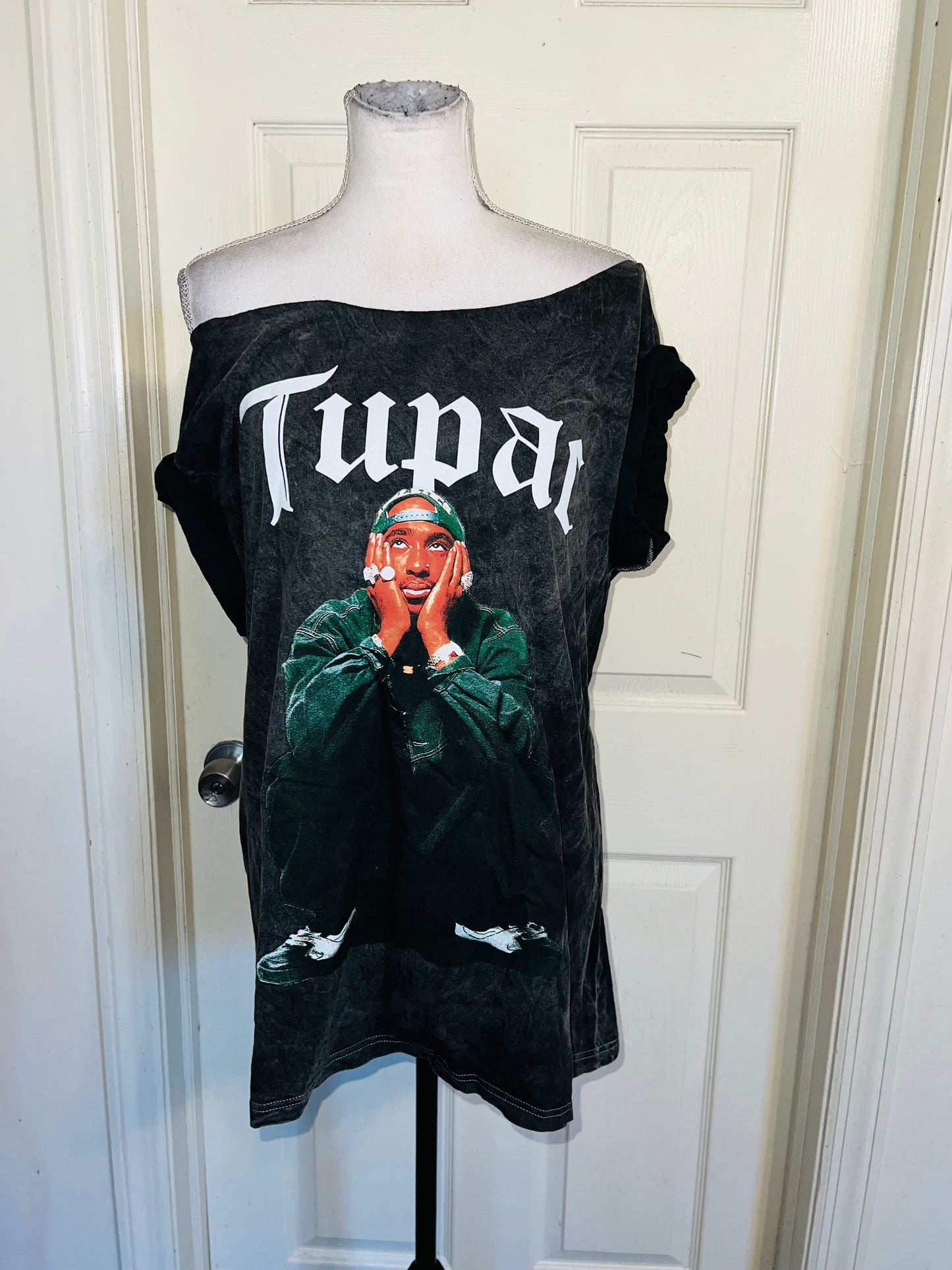 Tupac Oversized Distressed Off The Shoulder Tee