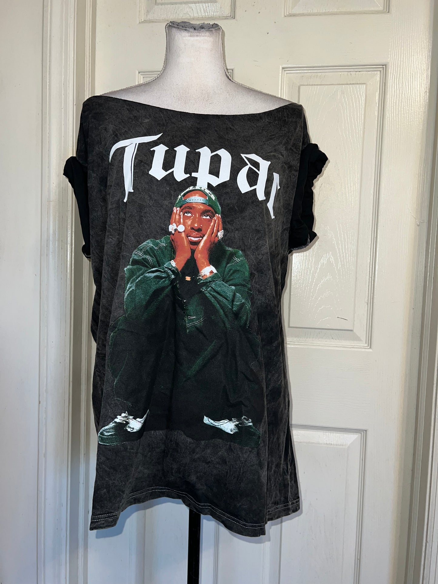 Tupac Oversized Distressed Off The Shoulder Tee