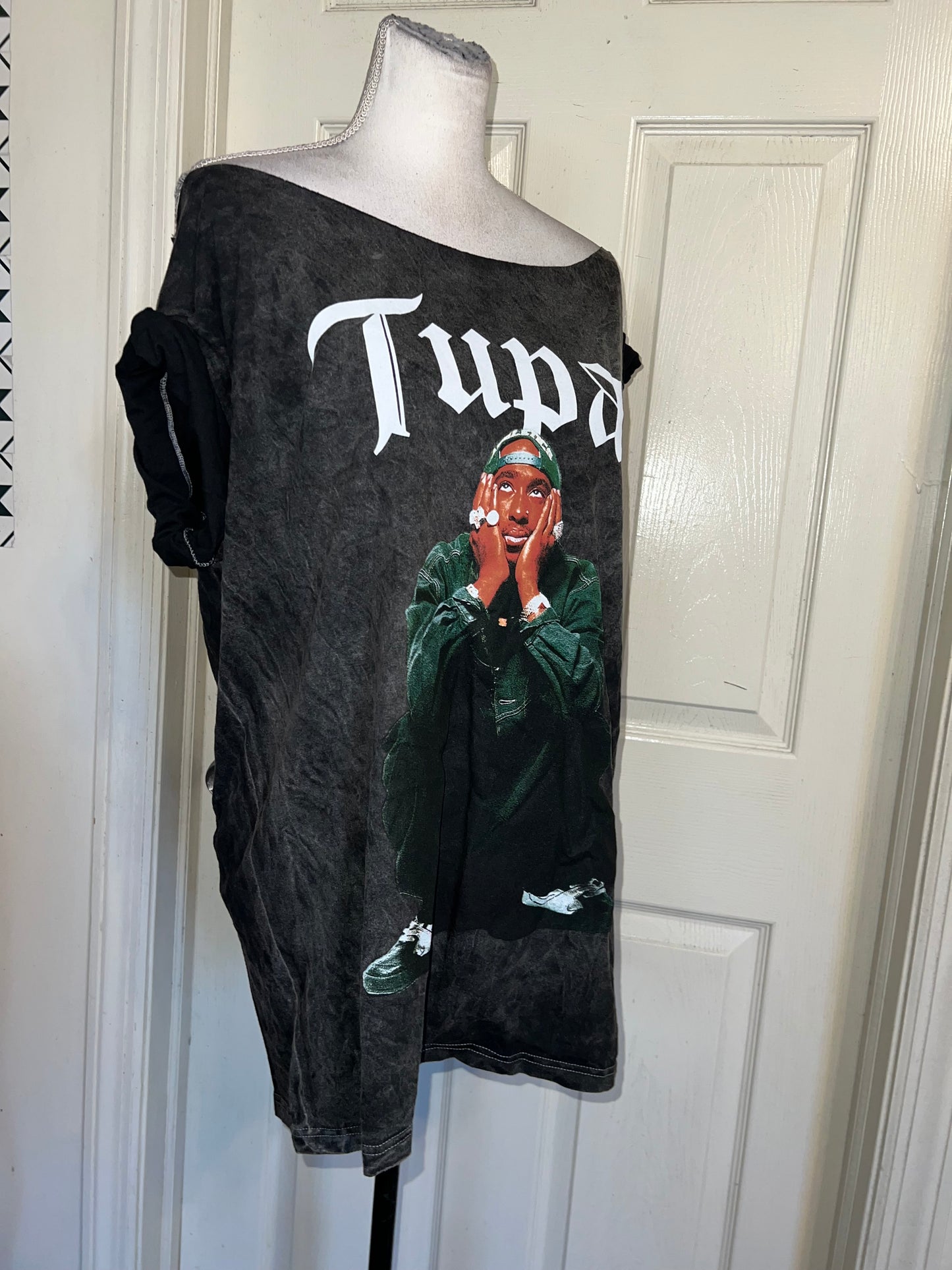 Tupac Oversized Distressed Off The Shoulder Tee