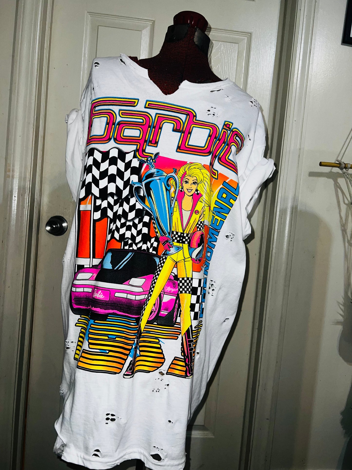 Barbie Race Car Oversized Distressed Tee