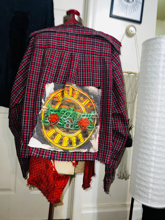 Red Flannel/Button Up W/ Guns n Roses Patch Distressed (bleach option)