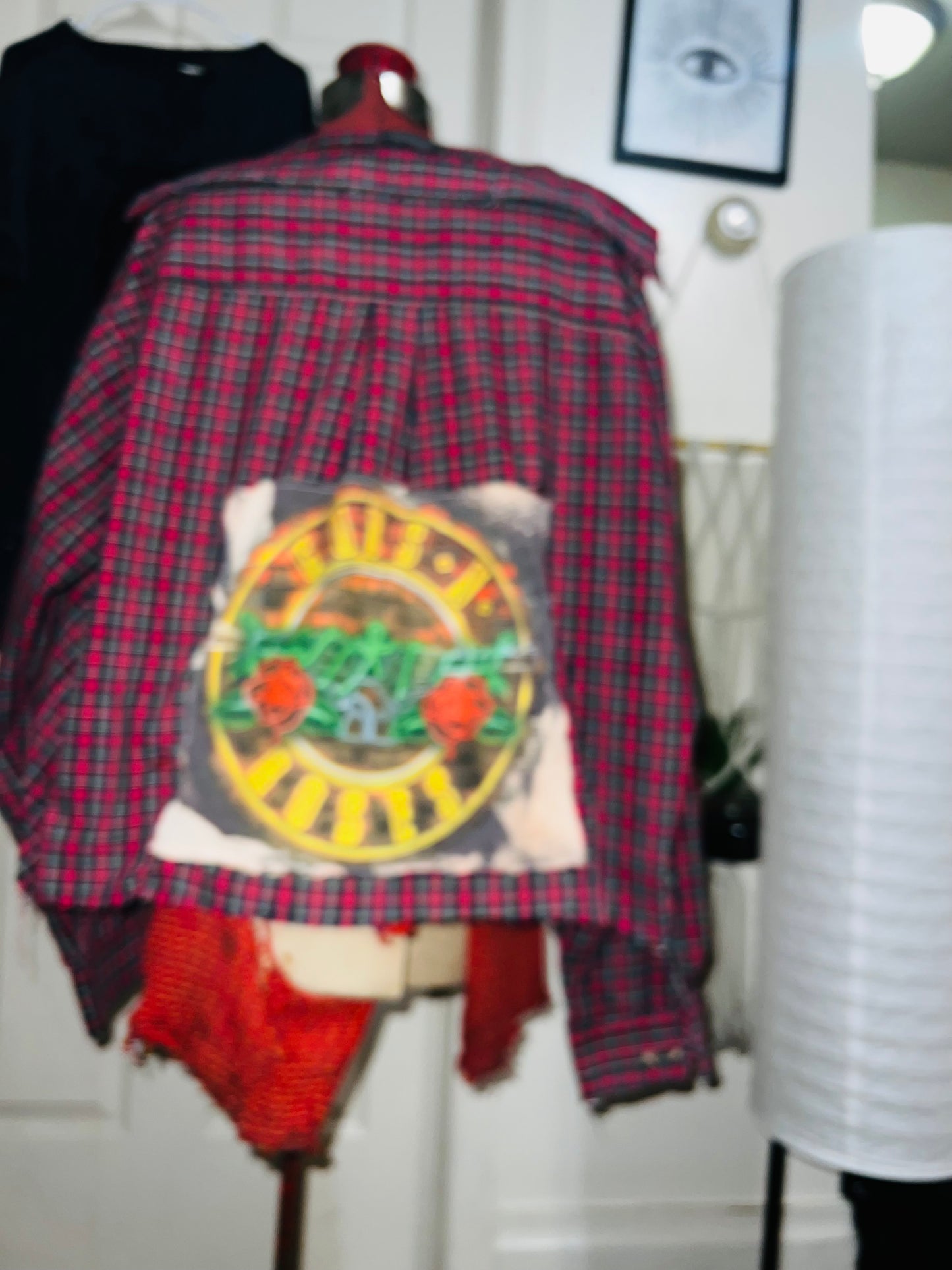 Red Flannel/Button Up W/ Guns n Roses Patch Distressed (bleach option)