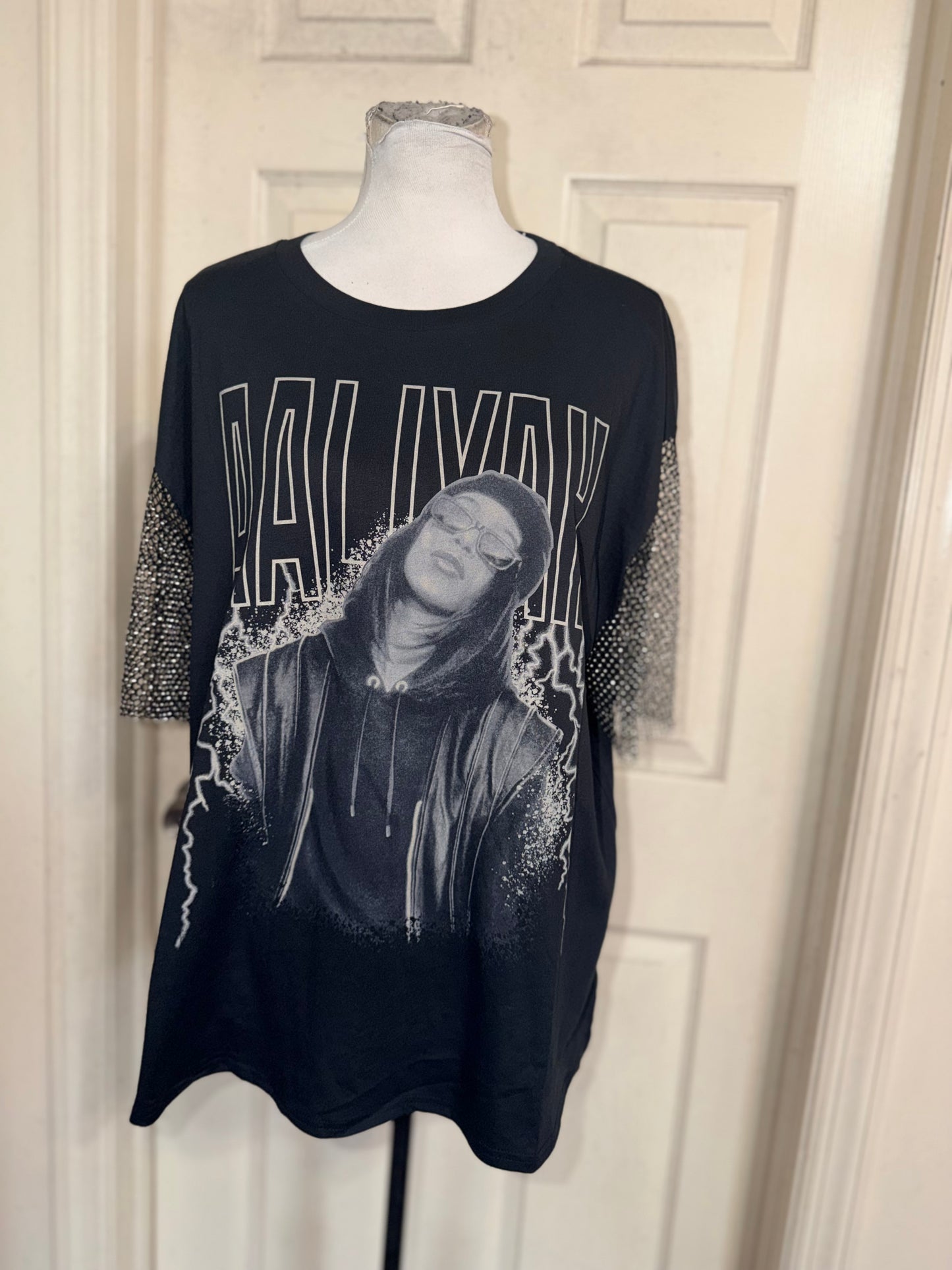 Aaliyah Embellished Sleeve Oversized Distressed Tee