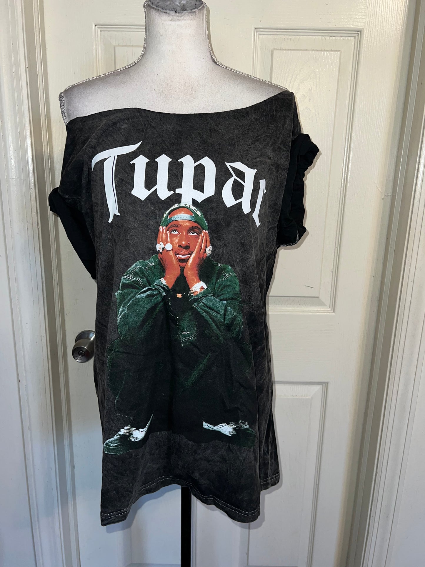 Tupac Oversized Distressed Off The Shoulder Tee