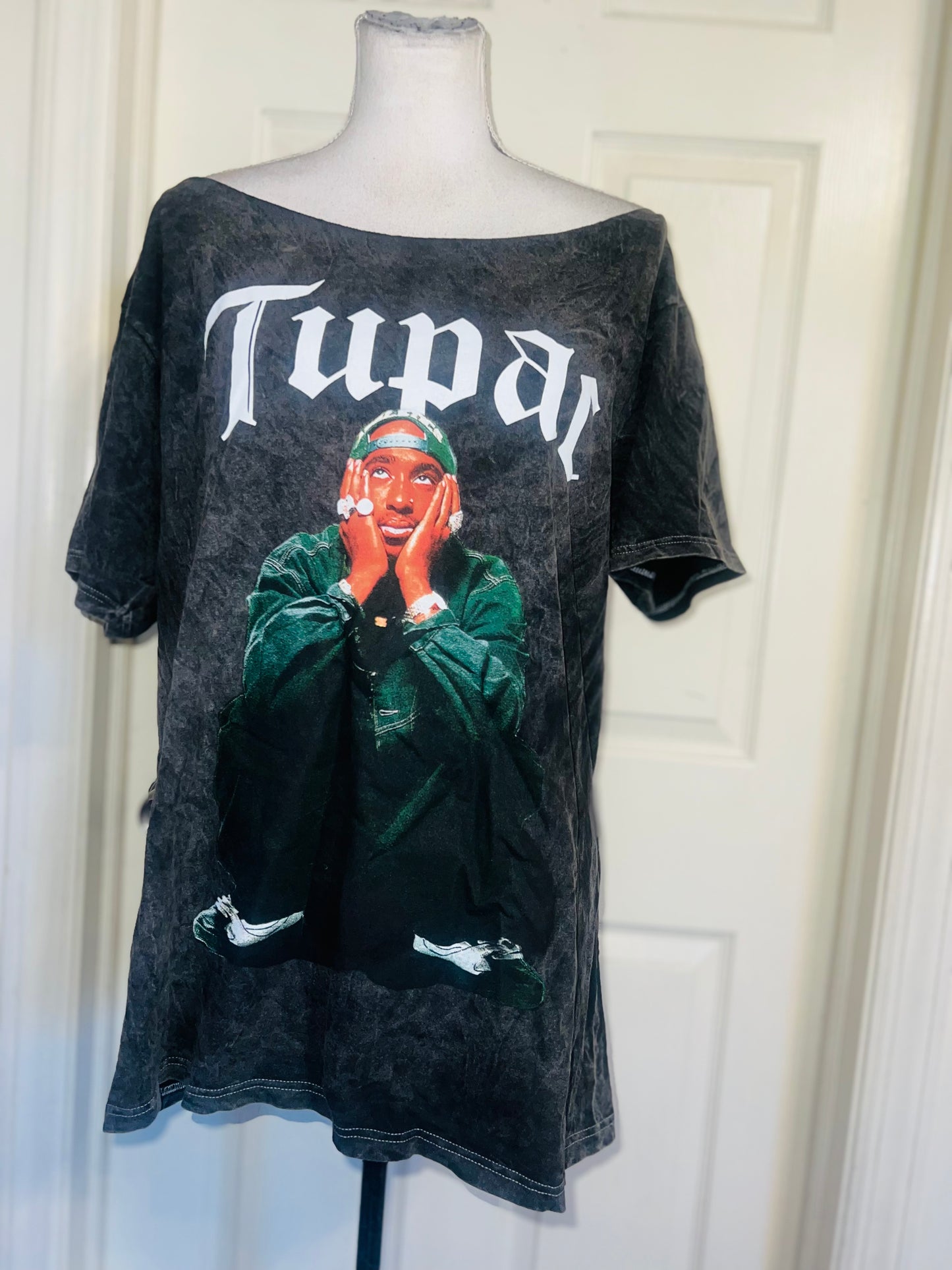 Tupac Oversized Distressed Off The Shoulder Tee