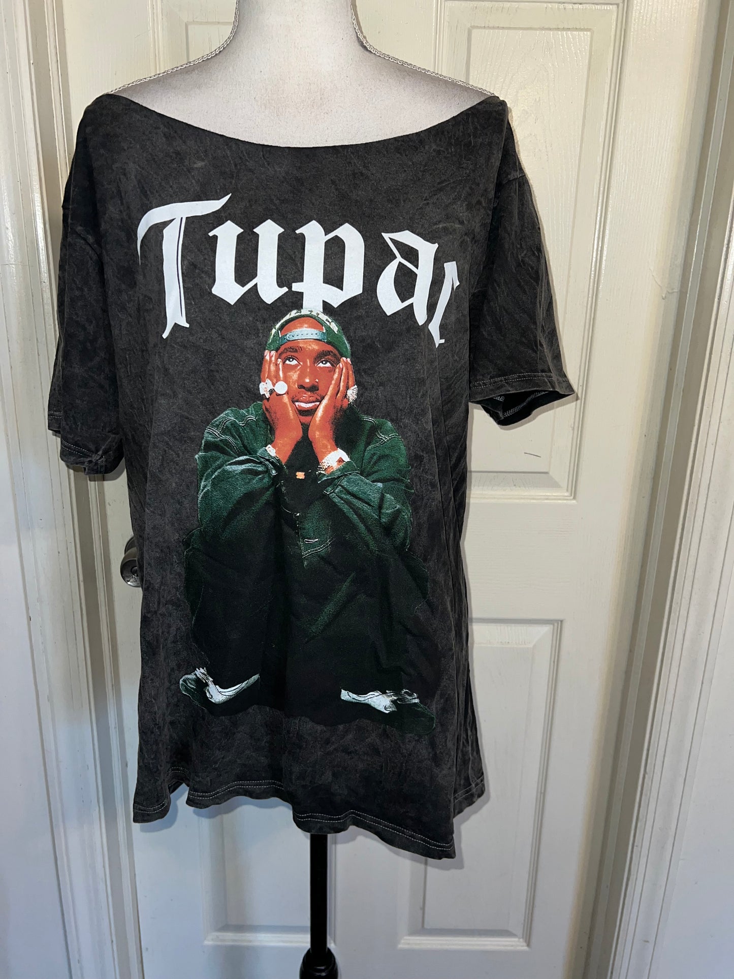 Tupac Oversized Distressed Off The Shoulder Tee