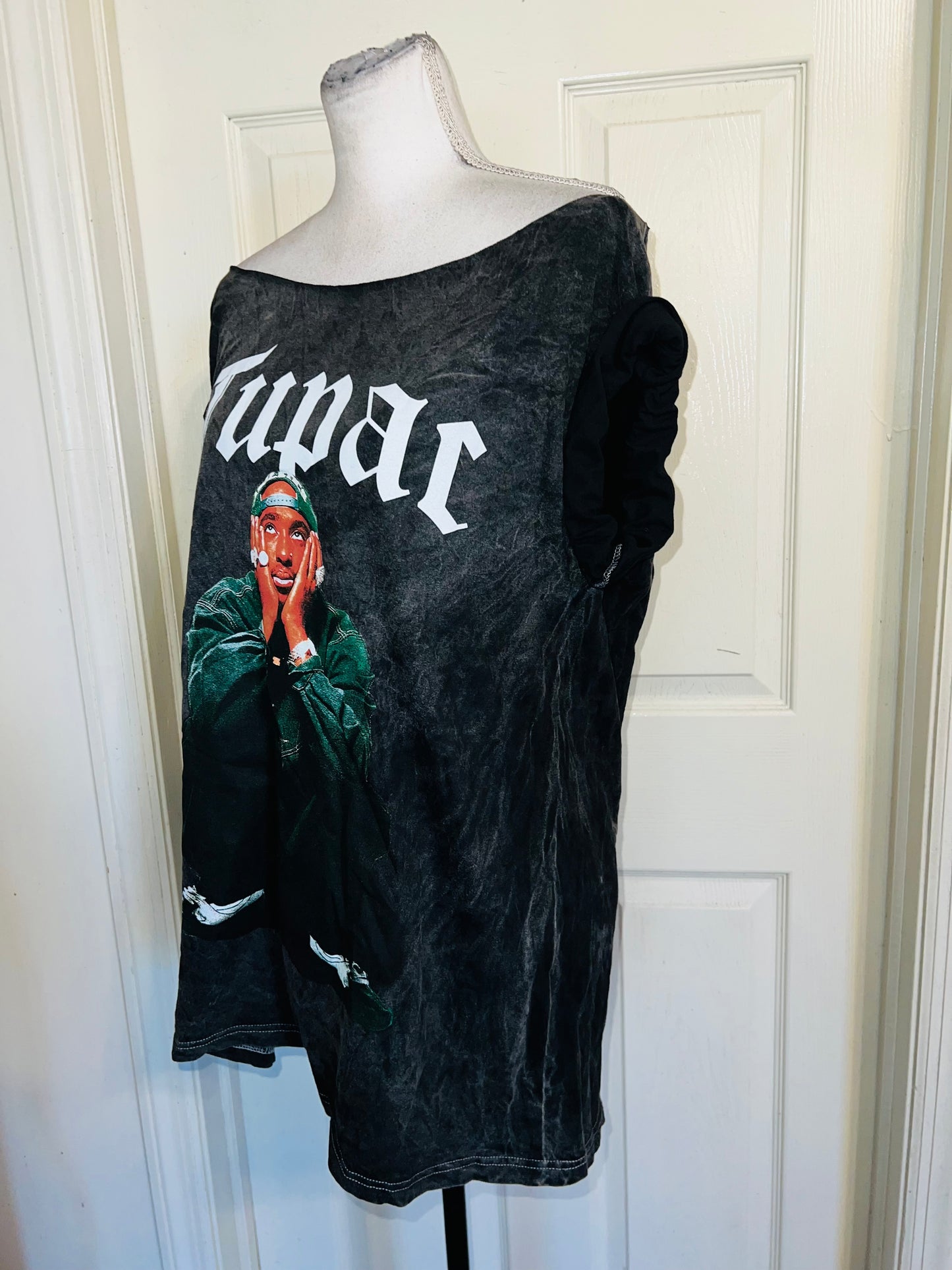 Tupac Oversized Distressed Off The Shoulder Tee