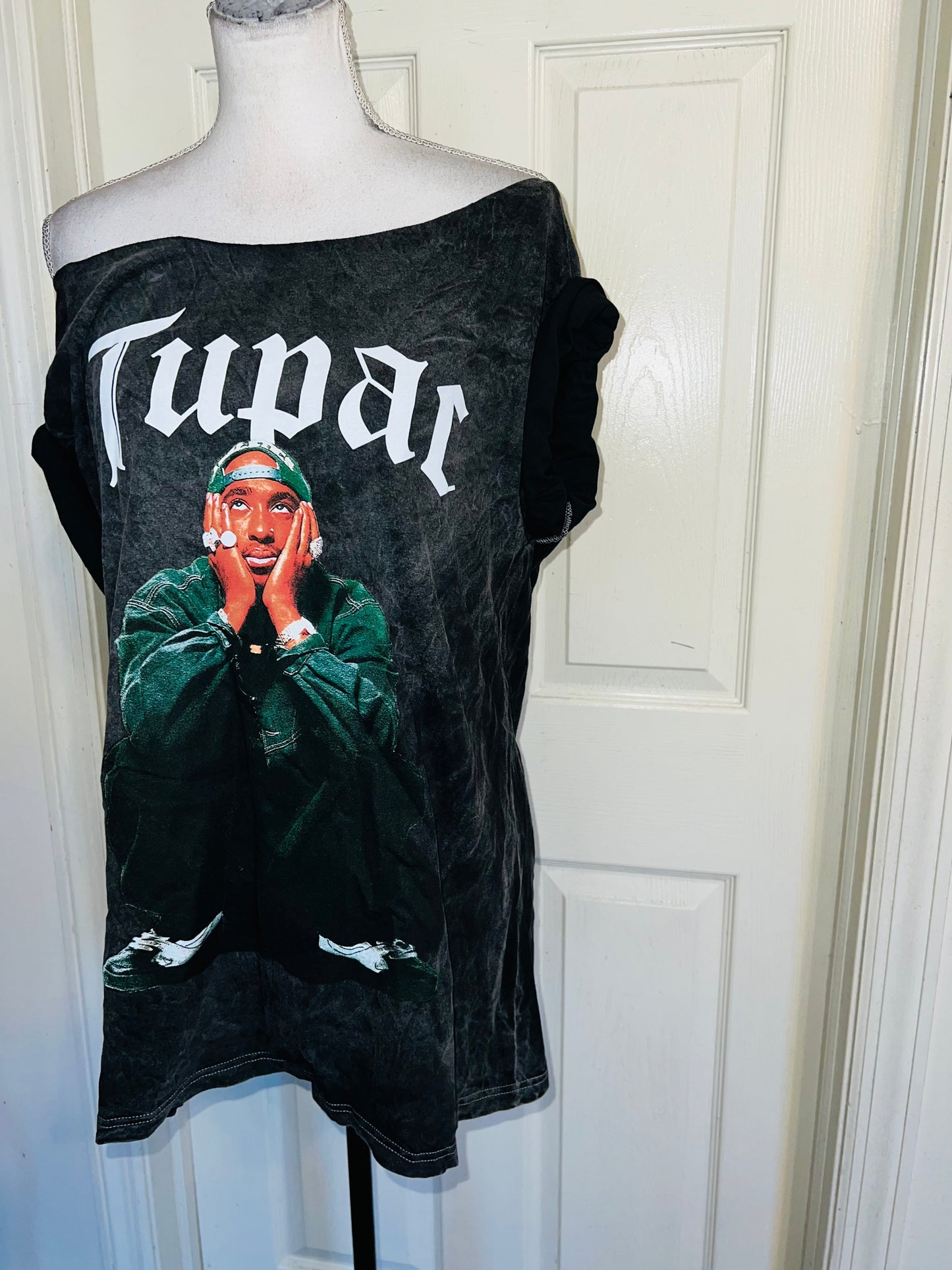 Tupac Oversized Distressed Off The Shoulder Tee
