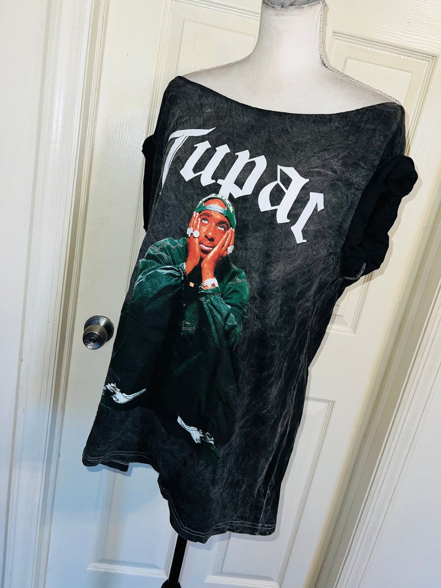 Tupac Oversized Distressed Off The Shoulder Tee