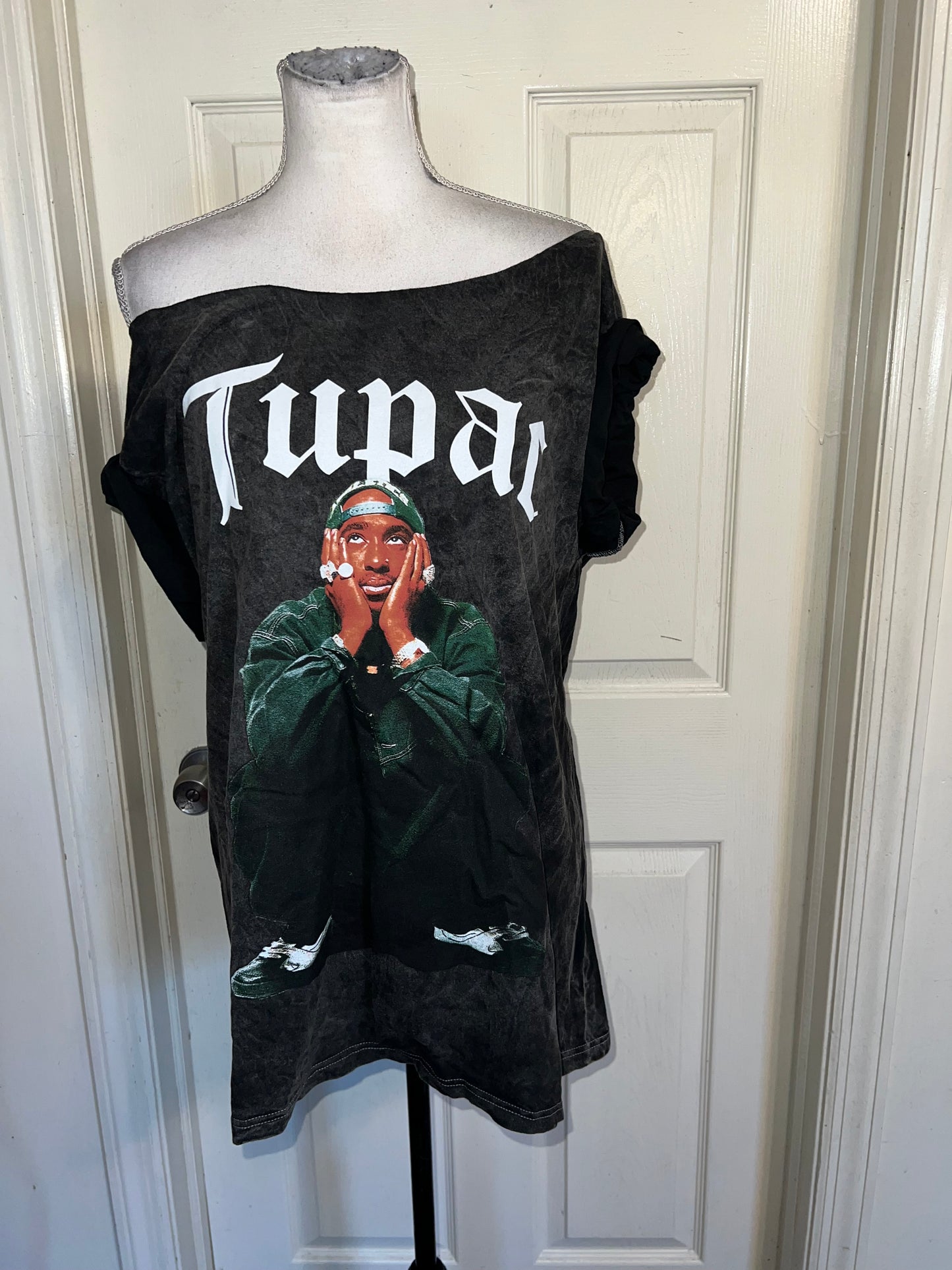 Tupac Oversized Distressed Off The Shoulder Tee