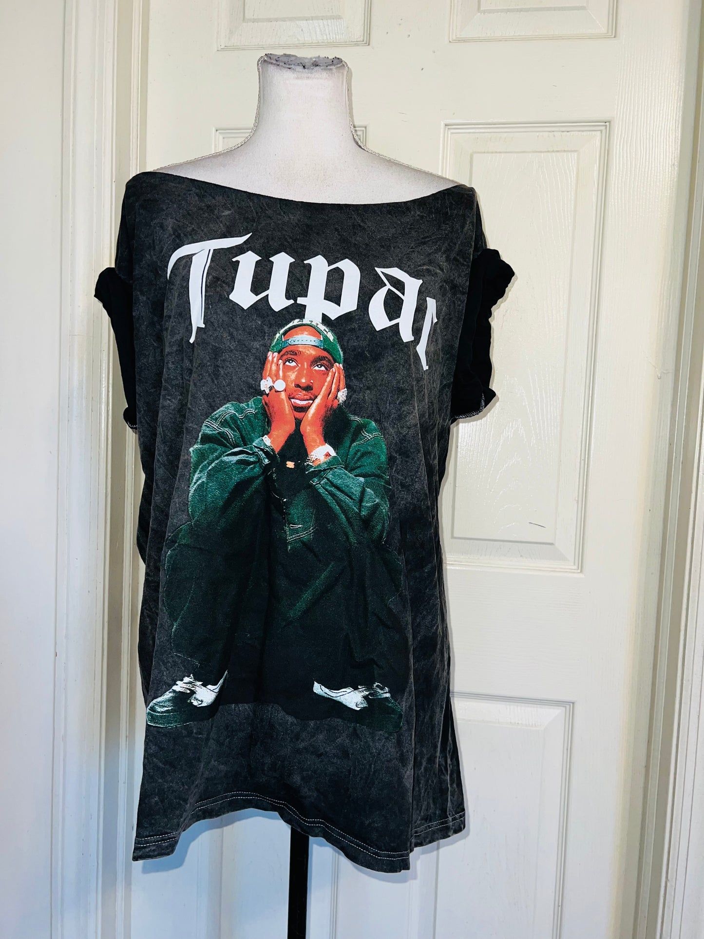 Tupac Oversized Distressed Off The Shoulder Tee