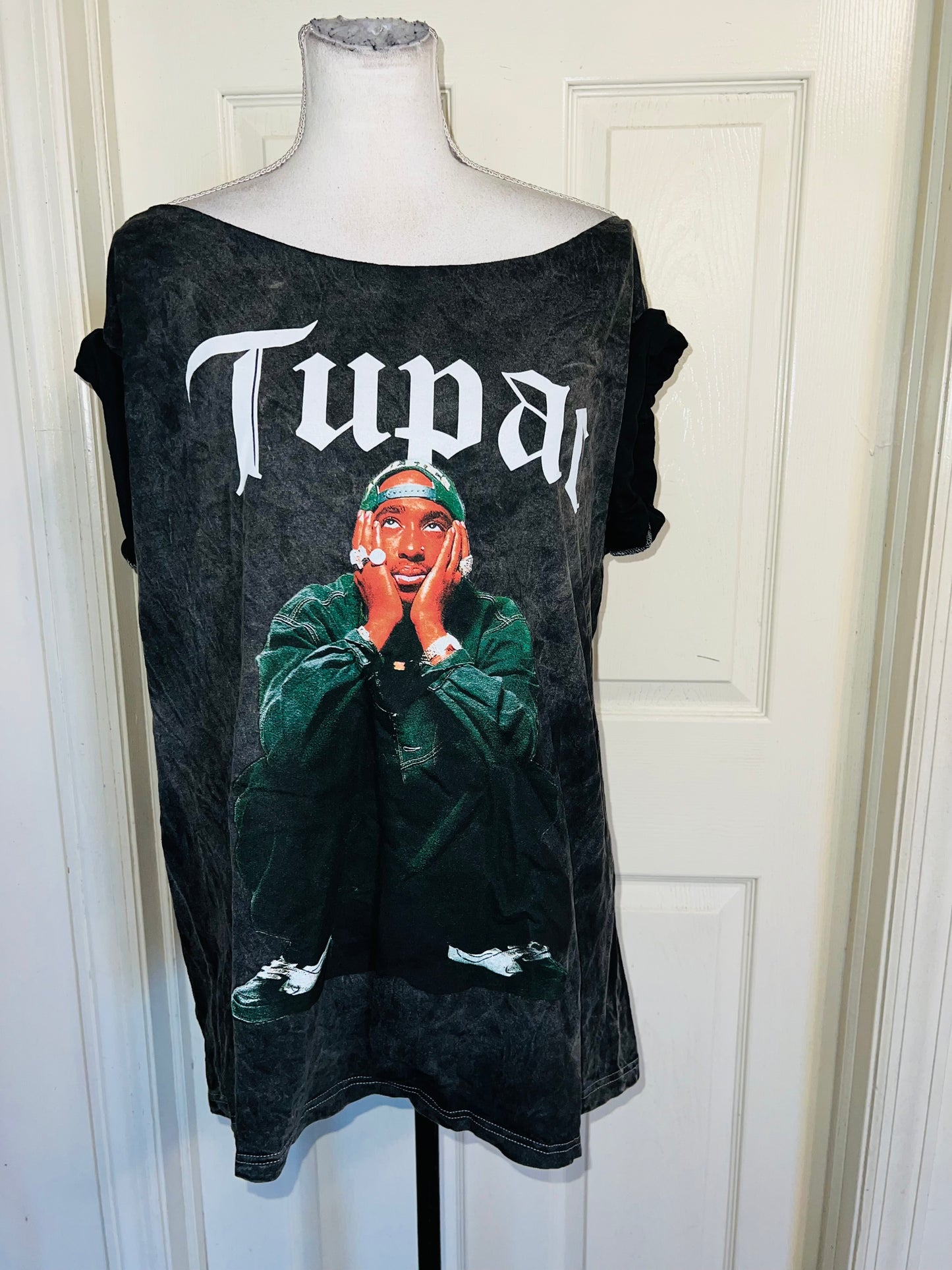 Tupac Oversized Distressed Off The Shoulder Tee