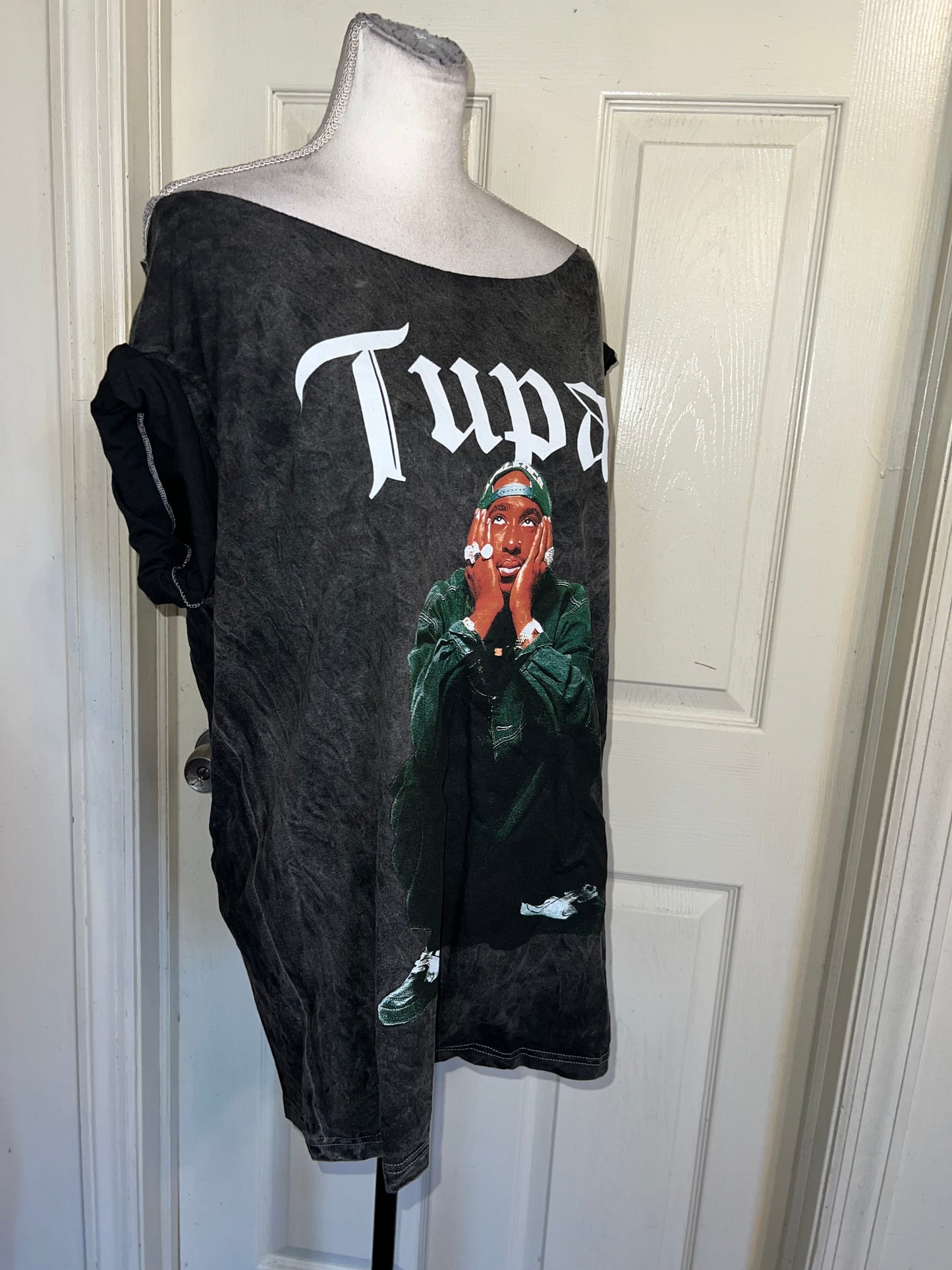 Tupac Oversized Distressed Off The Shoulder Tee