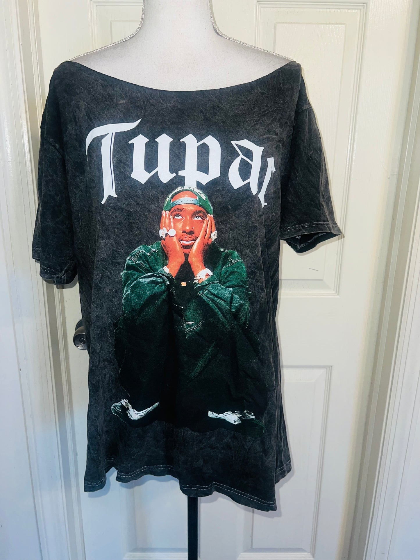 Tupac Oversized Distressed Off The Shoulder Tee