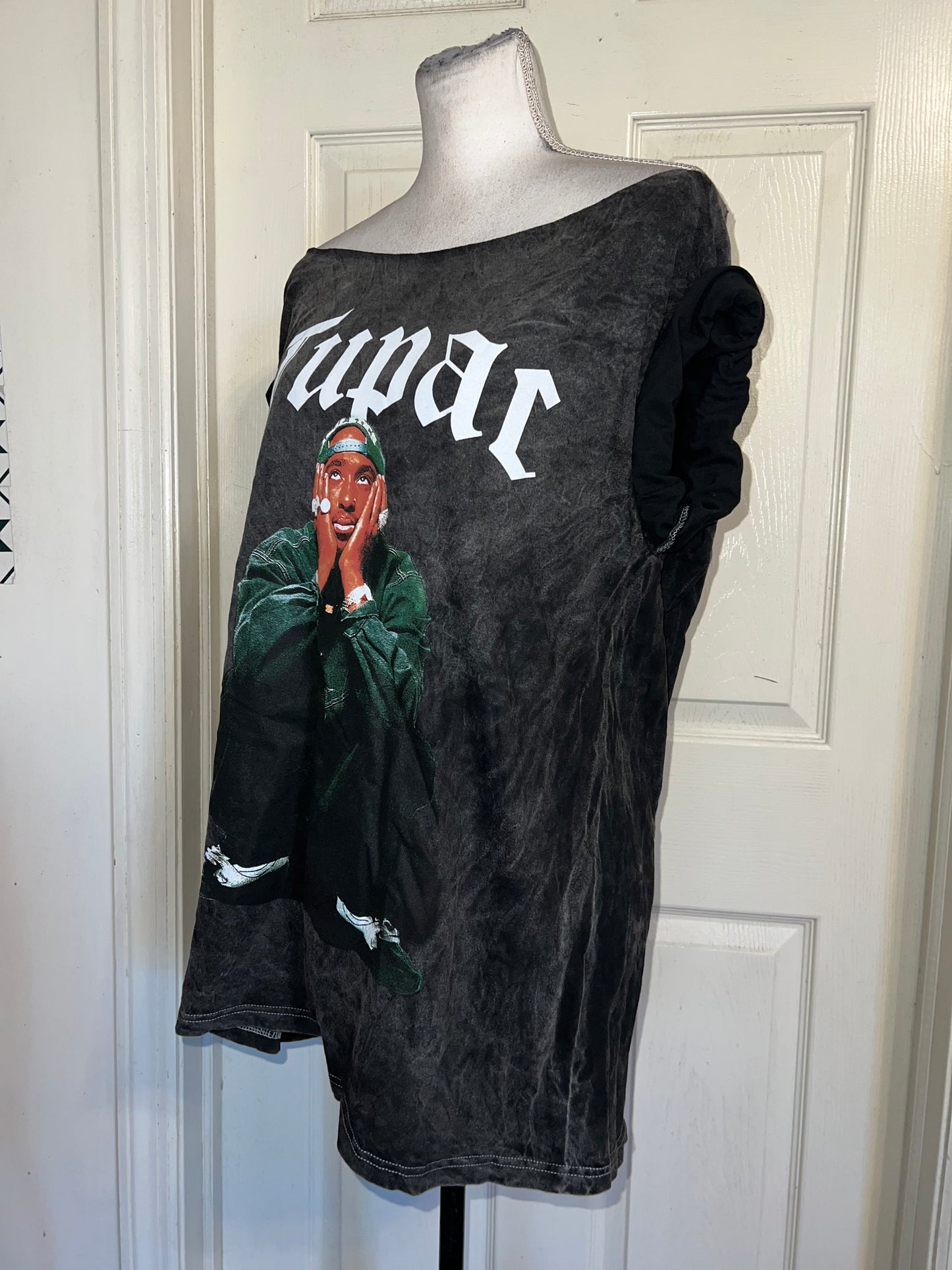 Tupac Oversized Distressed Off The Shoulder Tee
