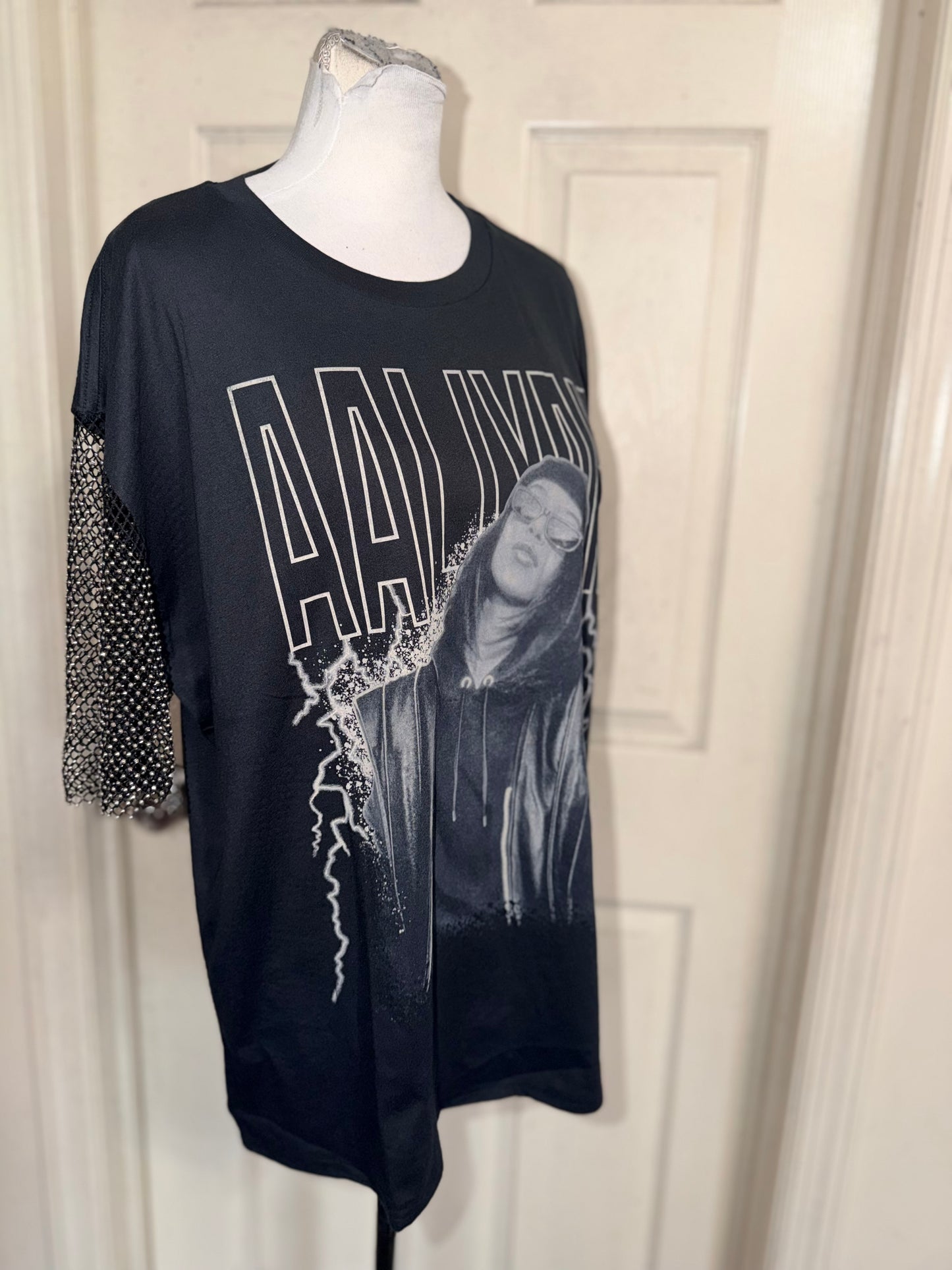 Aaliyah Embellished Sleeve Oversized Distressed Tee