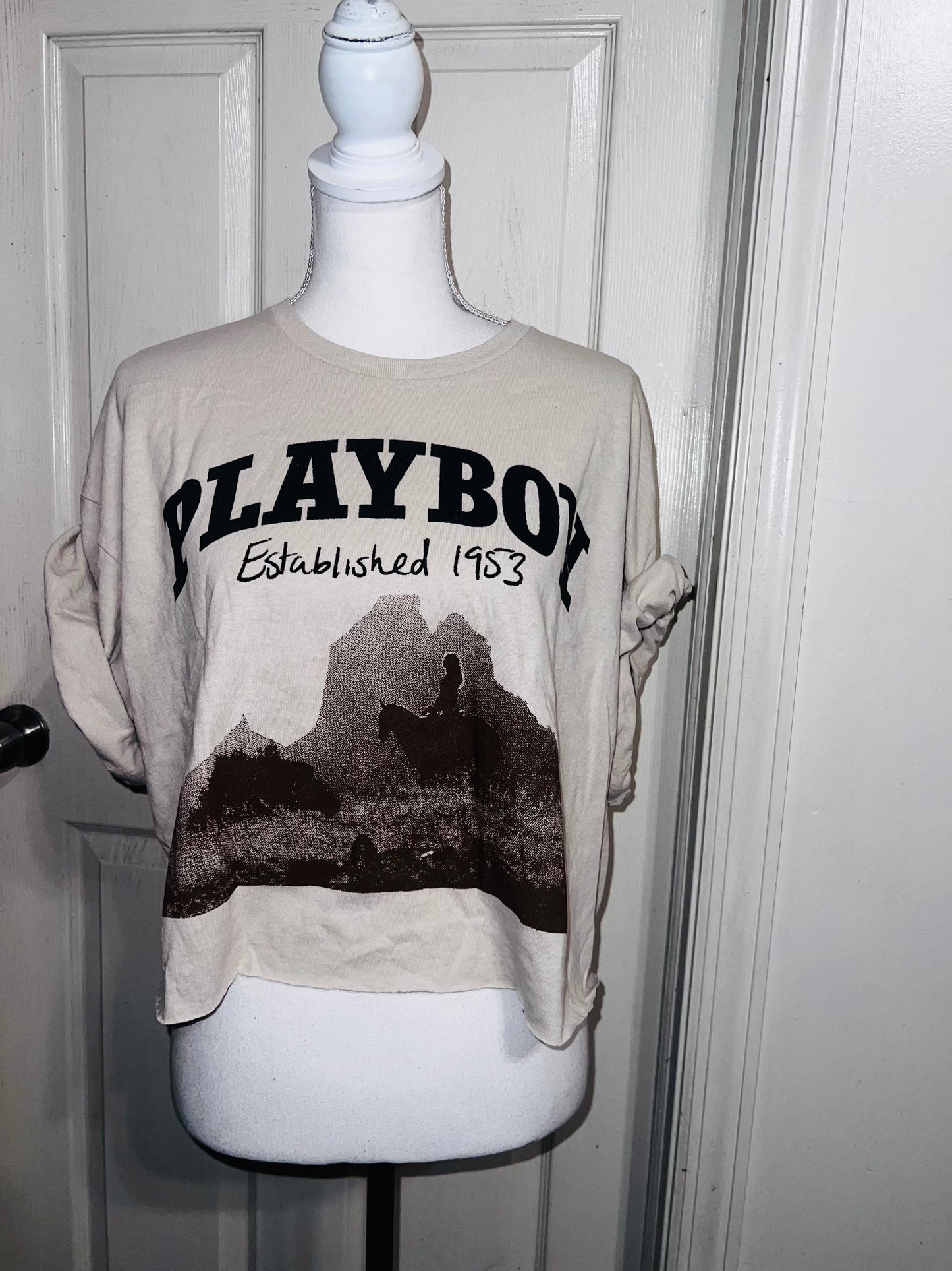 Playboy Oversized Distressed Cropped Tee