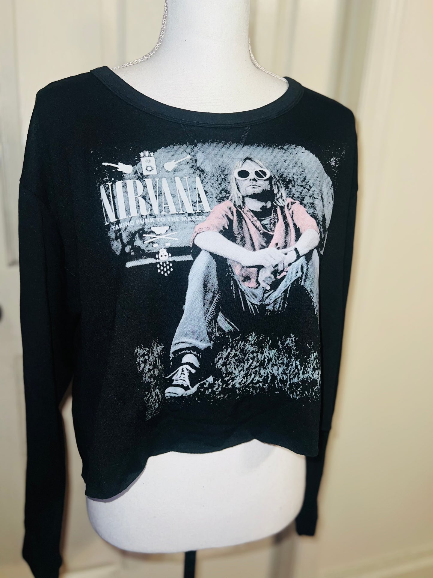 Nirvana Oversized Distressed Cropped Long Sleeve Tee