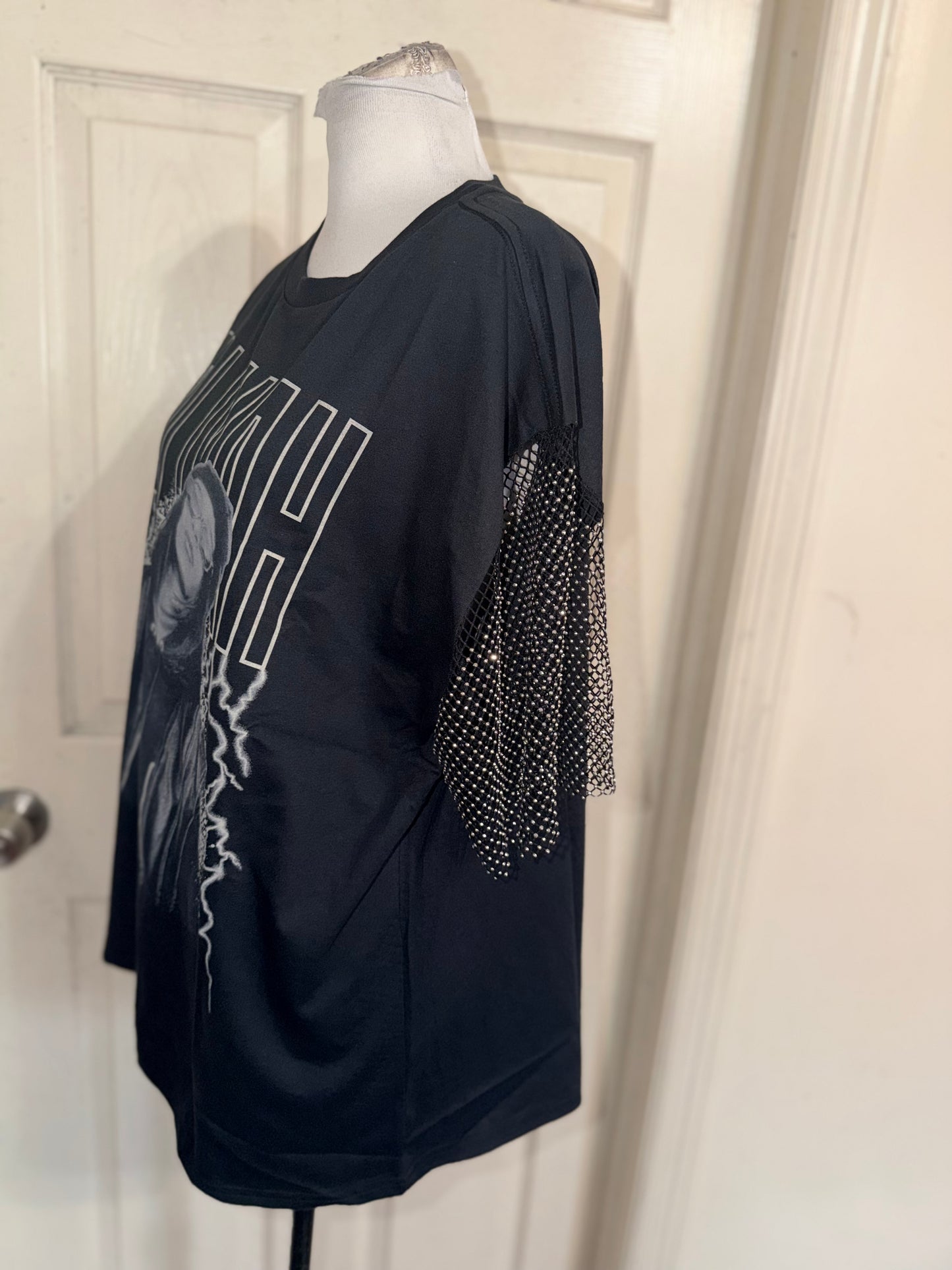 Aaliyah Embellished Sleeve Oversized Distressed Tee