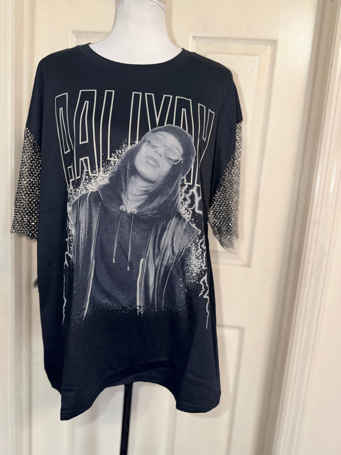 Aaliyah Embellished Sleeve Oversized Distressed Tee