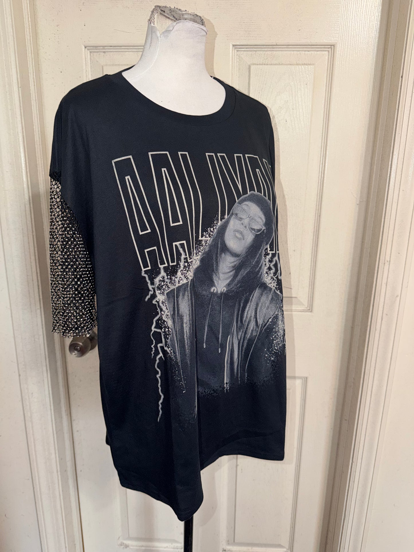 Aaliyah Embellished Sleeve Oversized Distressed Tee