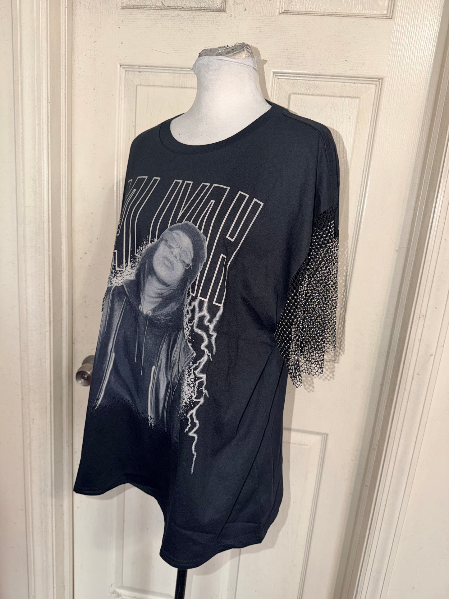 Aaliyah Embellished Sleeve Oversized Distressed Tee