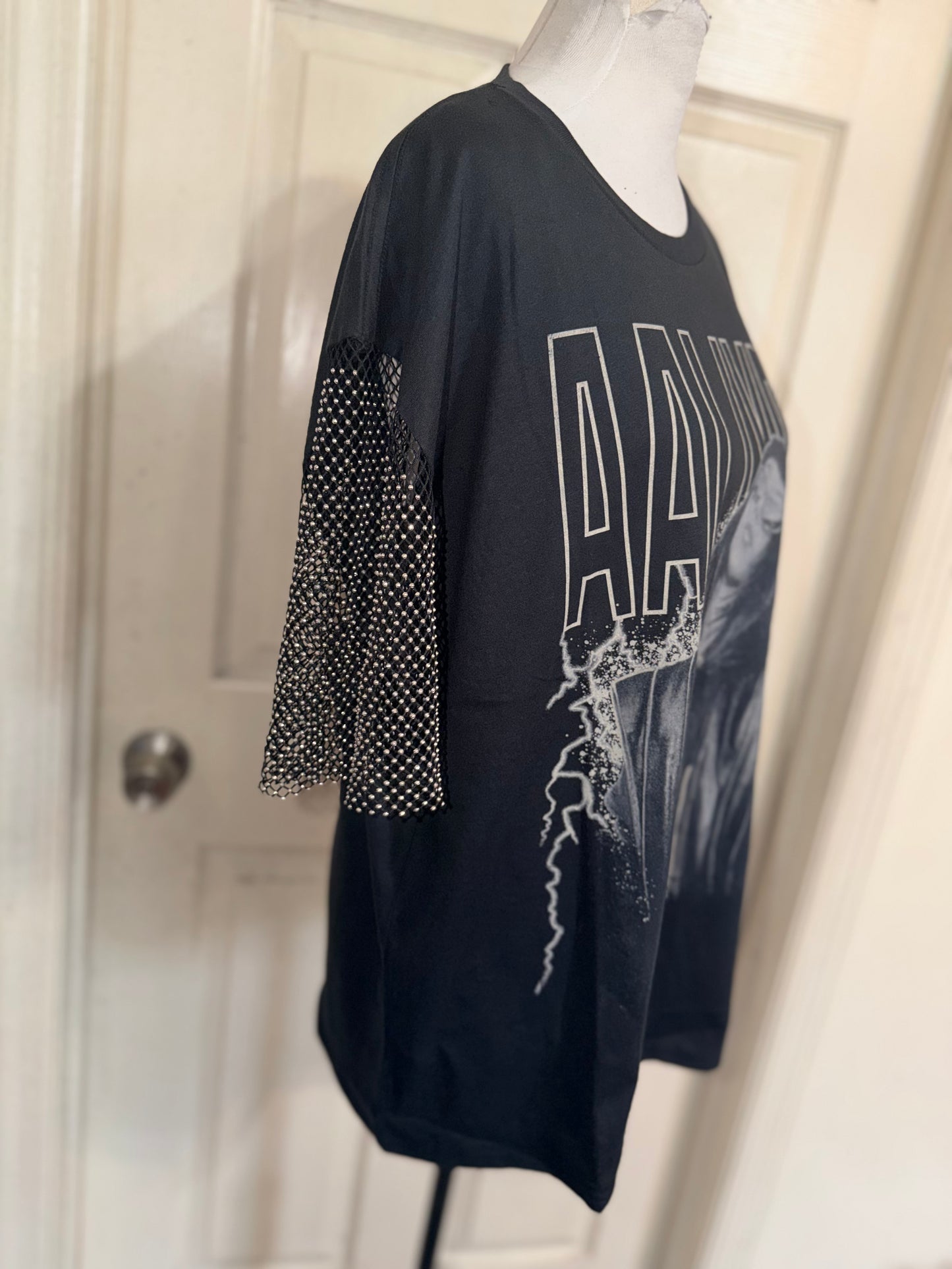 Aaliyah Embellished Sleeve Oversized Distressed Tee