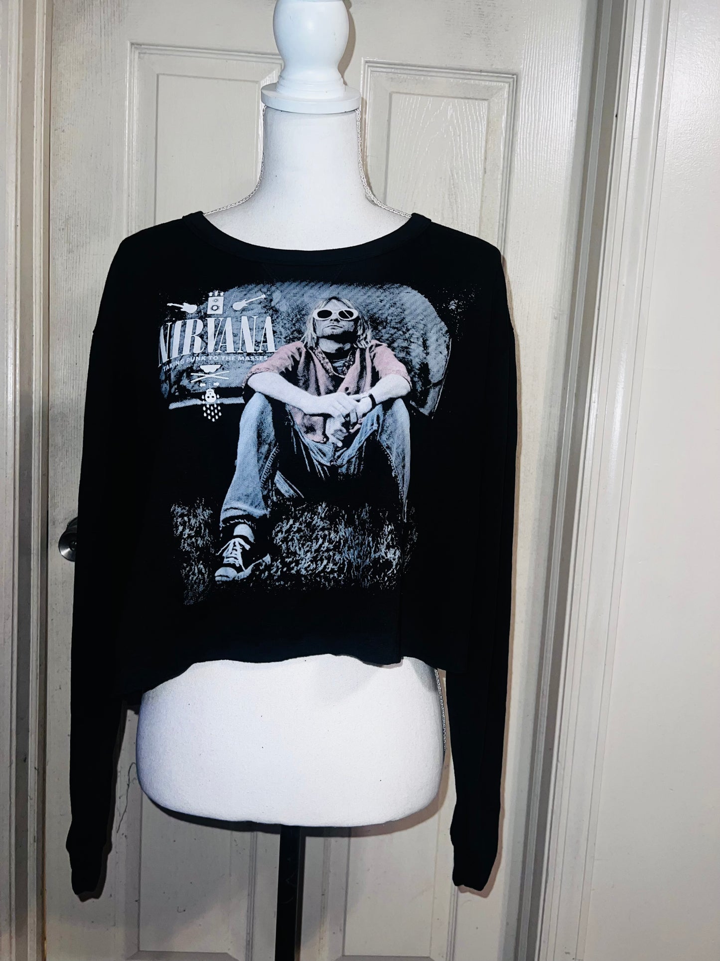 Nirvana Oversized Distressed Cropped Long Sleeve Tee