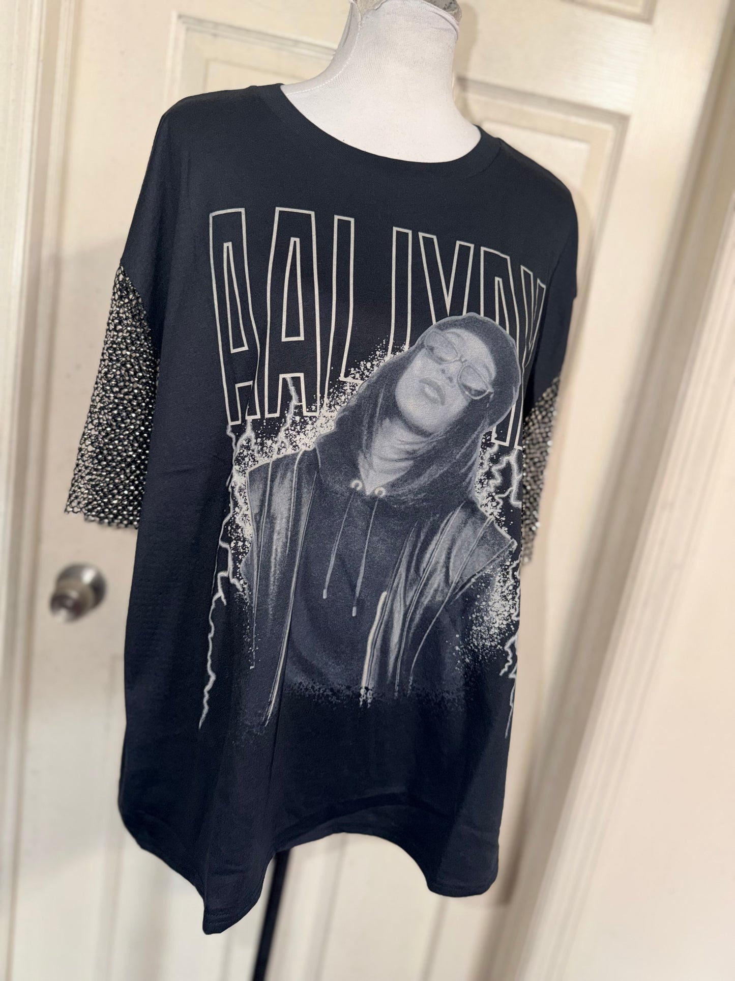 Aaliyah Embellished Sleeve Oversized Distressed Tee