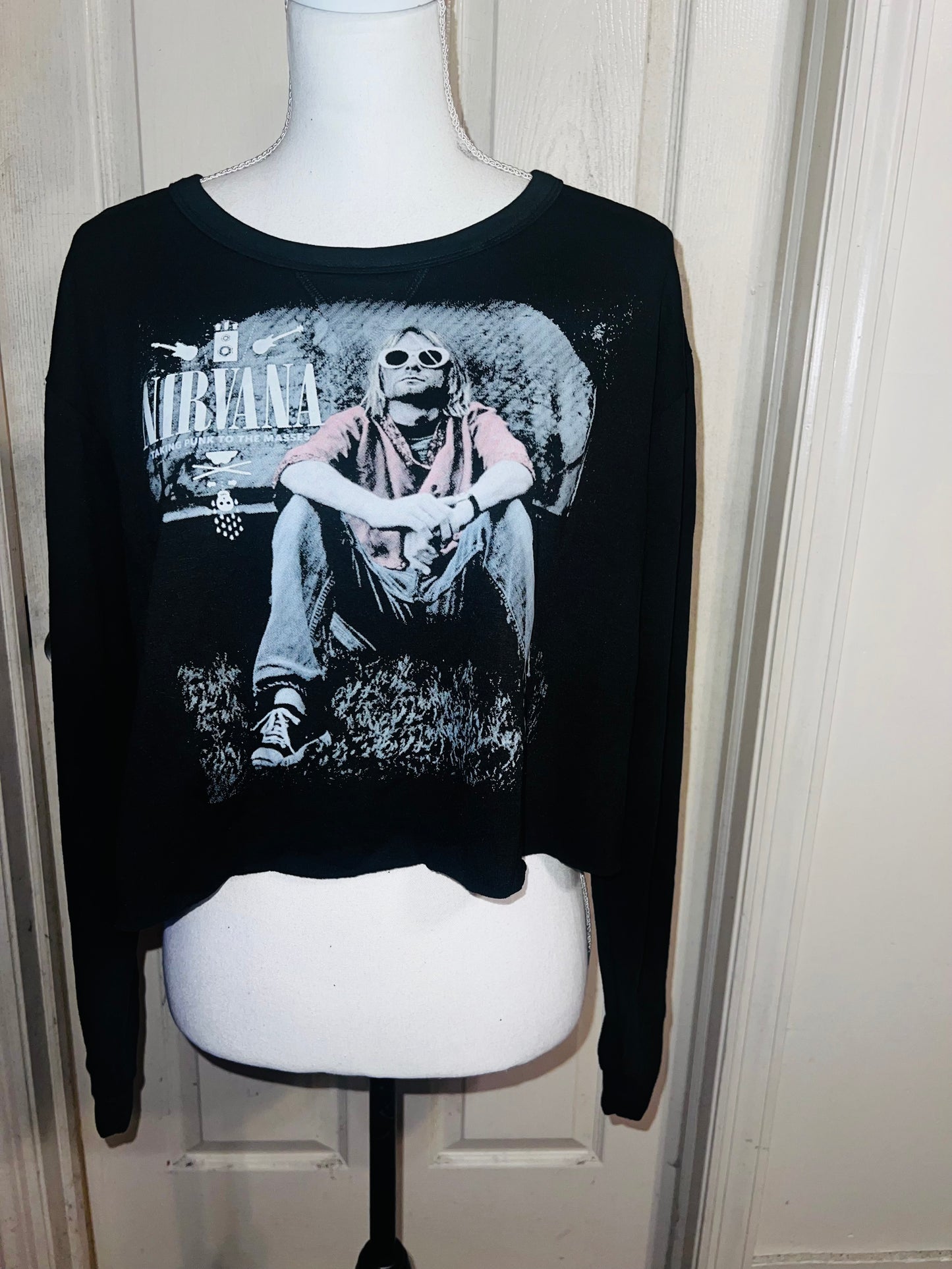 Nirvana Oversized Distressed Cropped Long Sleeve Tee