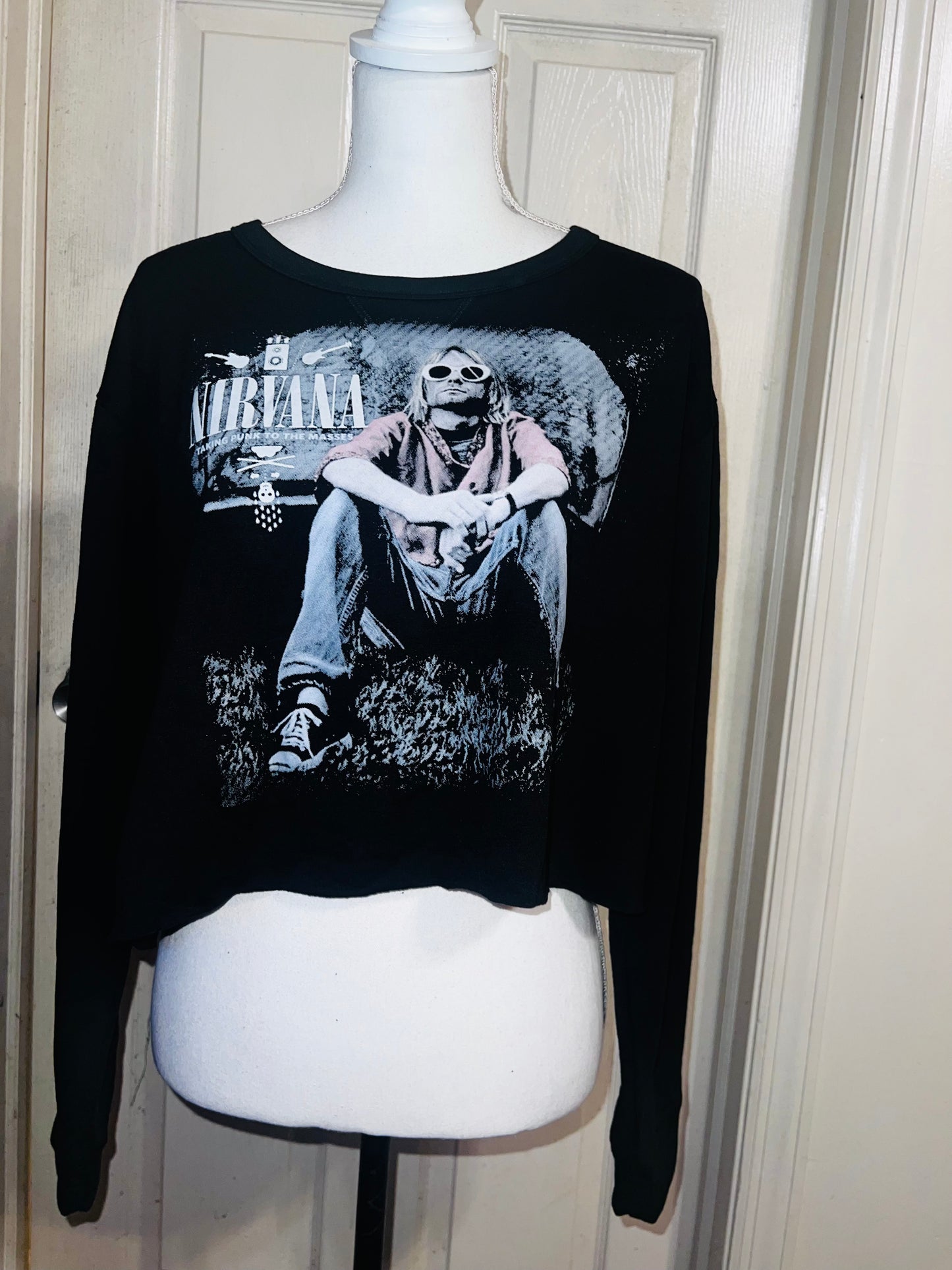 Nirvana Oversized Distressed Cropped Long Sleeve Tee