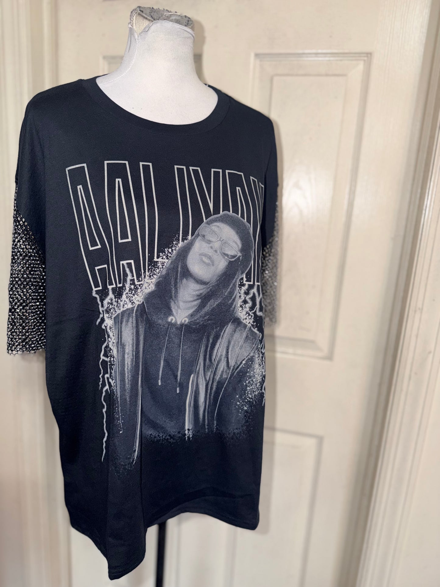 Aaliyah Embellished Sleeve Oversized Distressed Tee