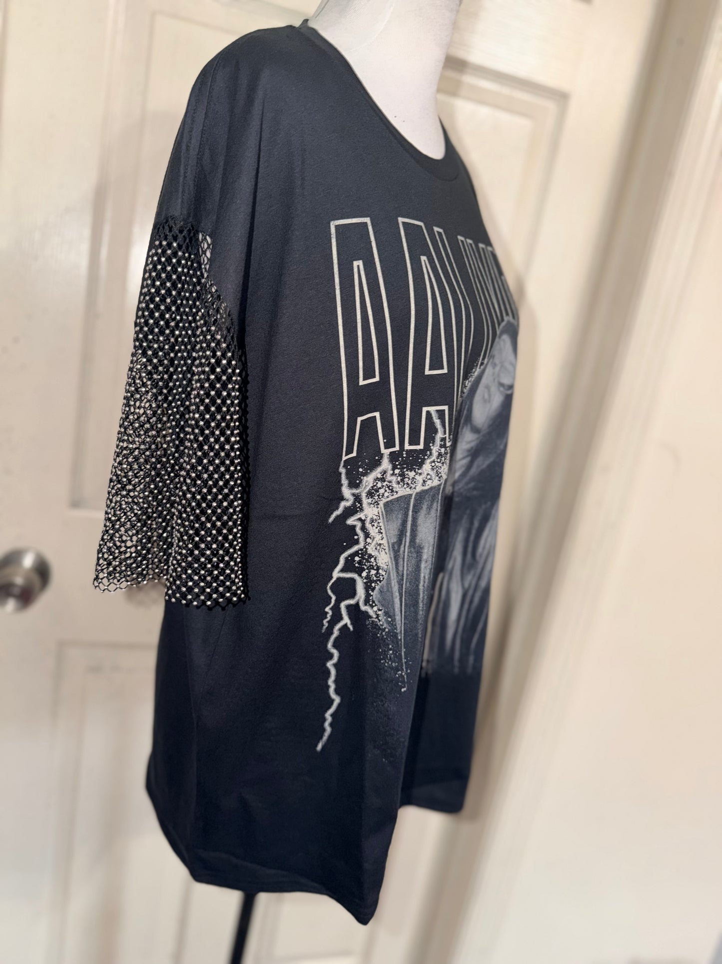 Aaliyah Embellished Sleeve Oversized Distressed Tee