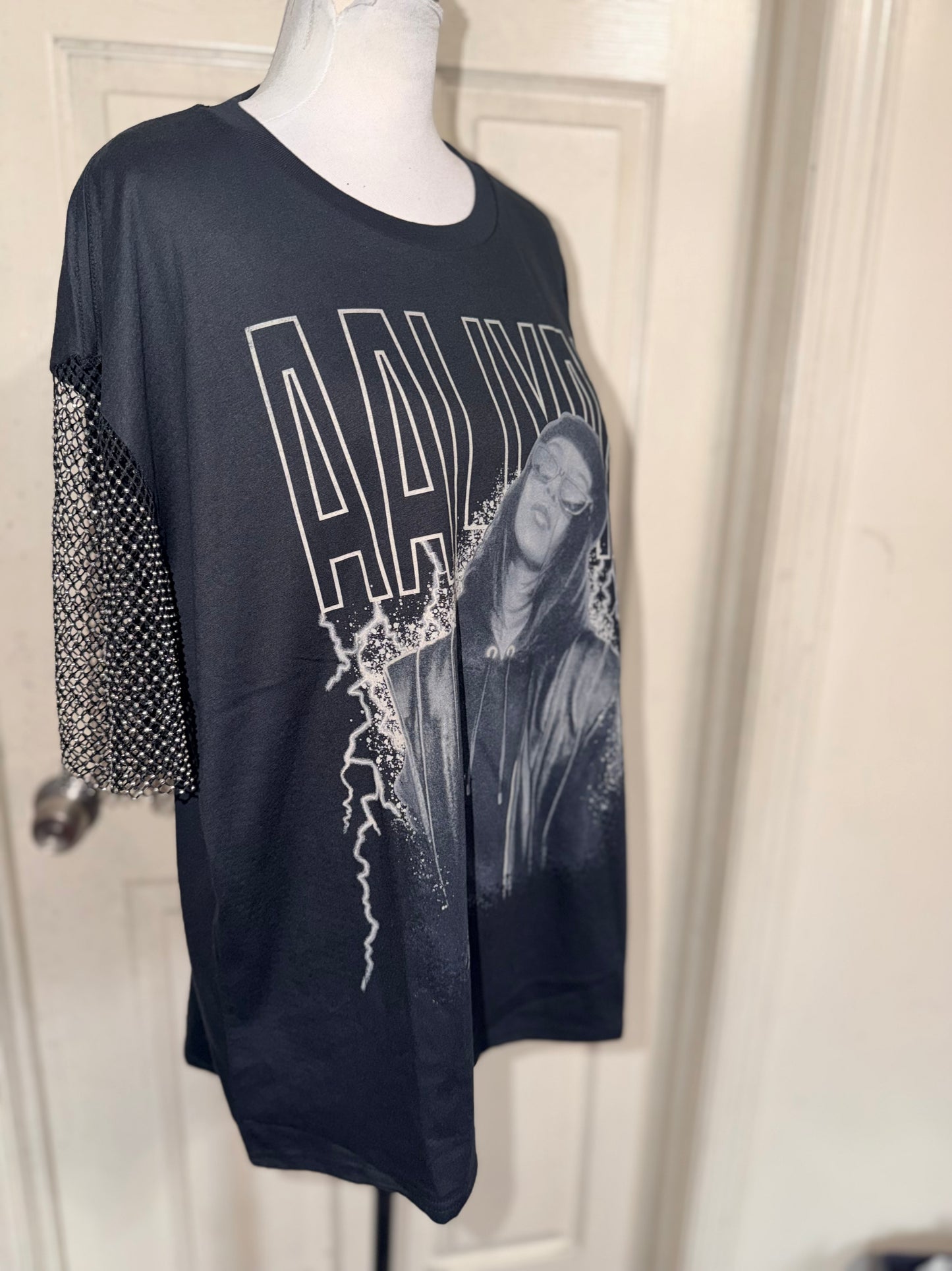 Aaliyah Embellished Sleeve Oversized Distressed Tee