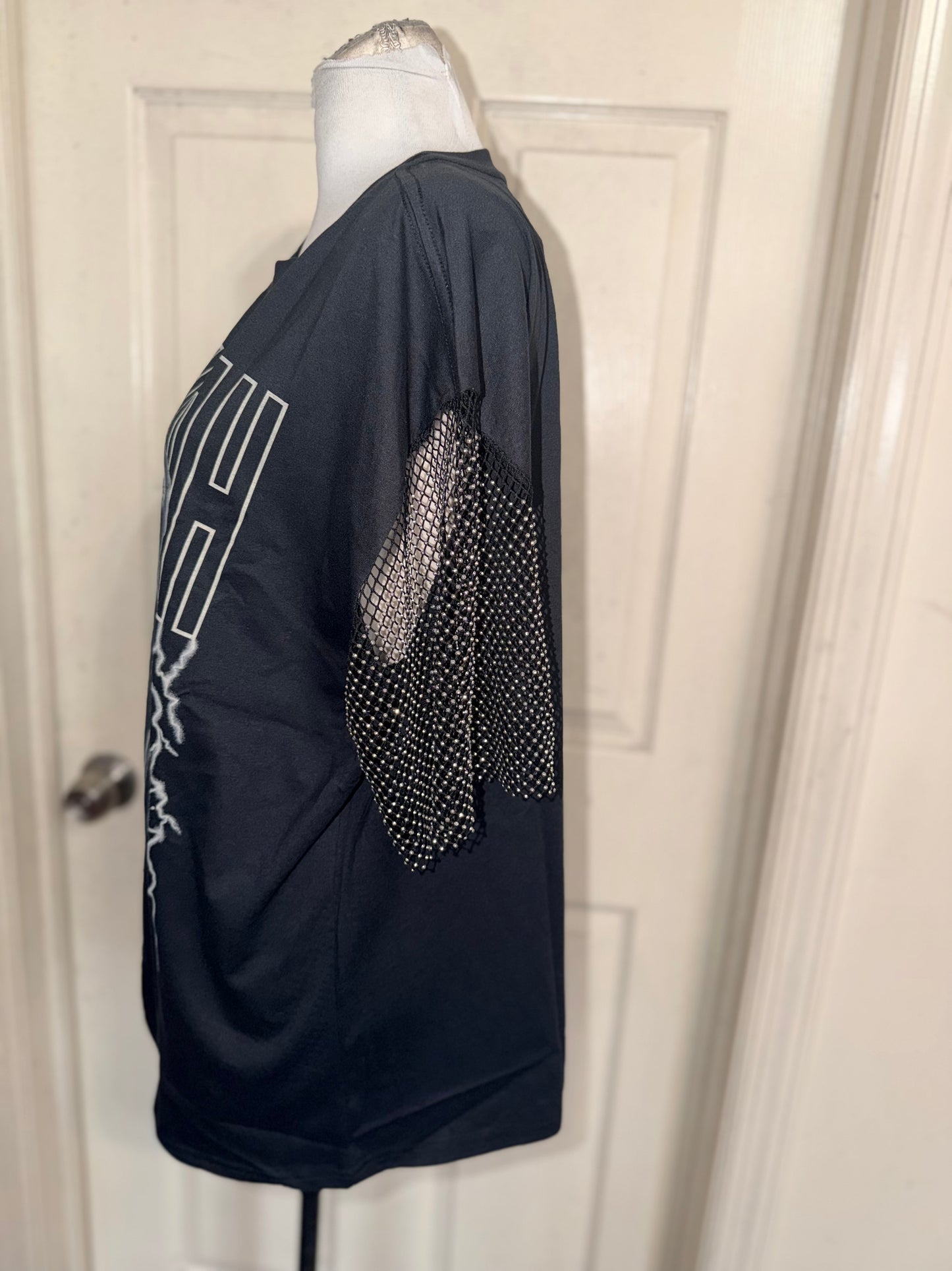 Aaliyah Embellished Sleeve Oversized Distressed Tee