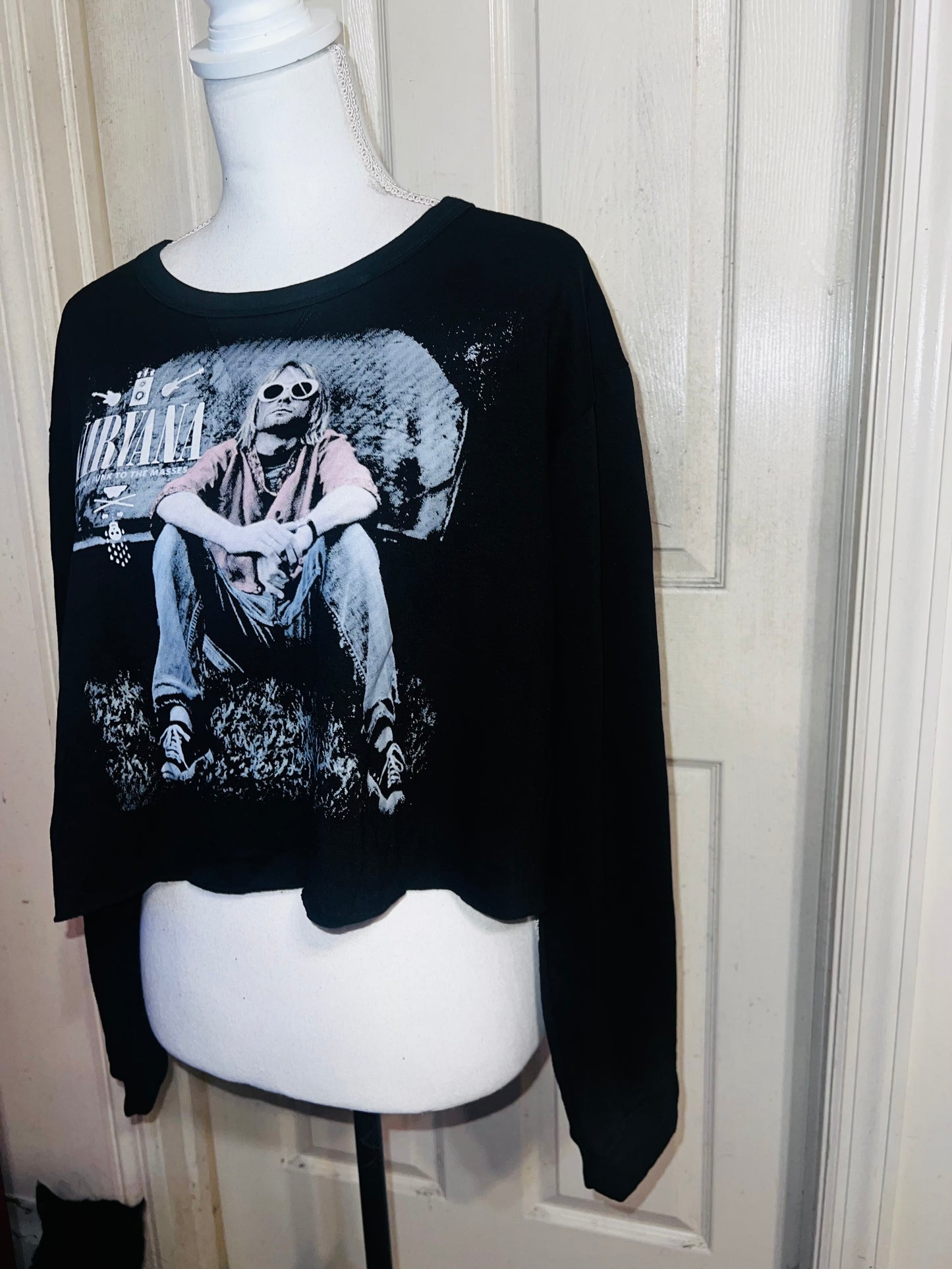 Nirvana Oversized Distressed Cropped Long Sleeve Tee