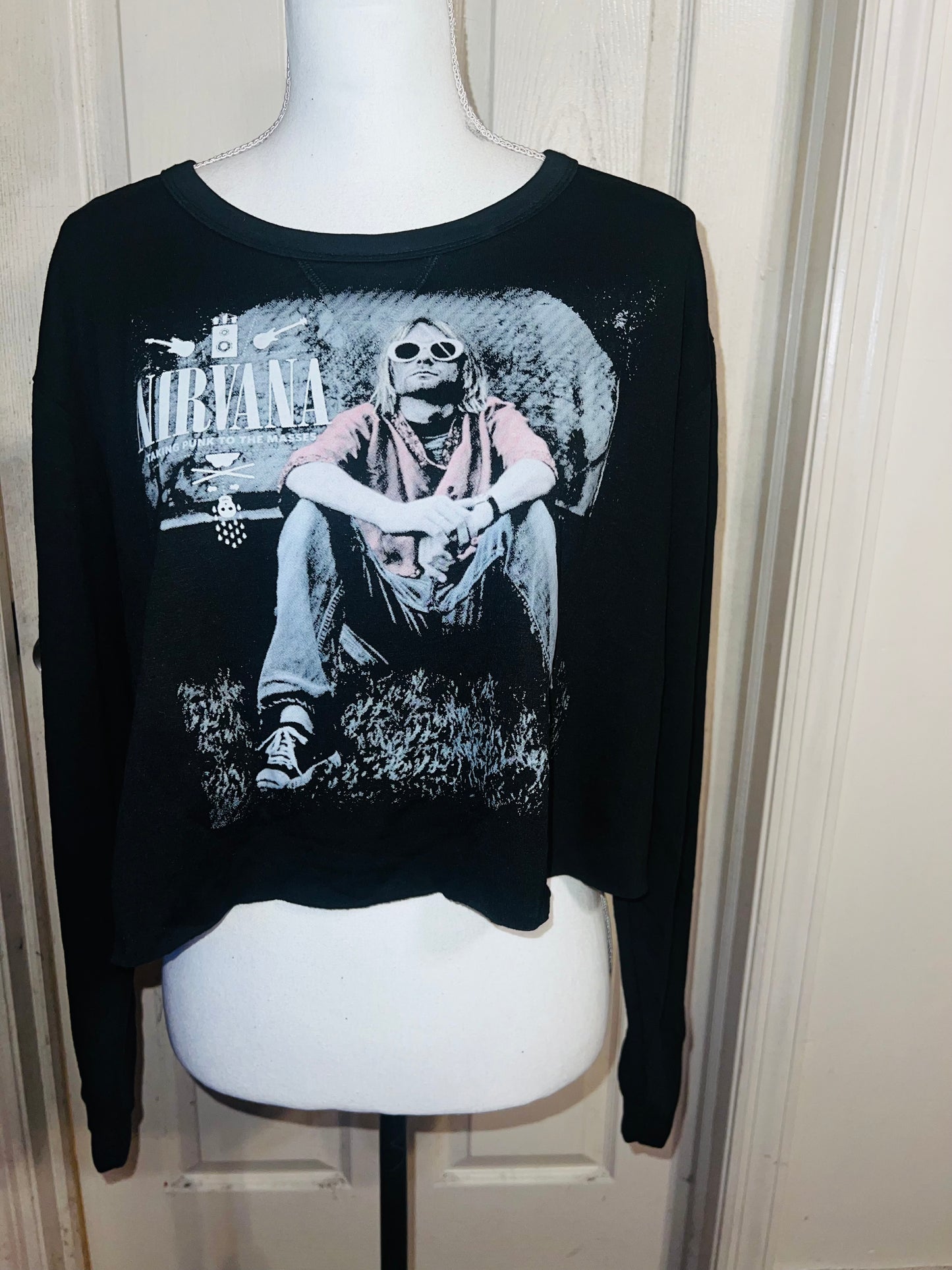 Nirvana Oversized Distressed Cropped Long Sleeve Tee