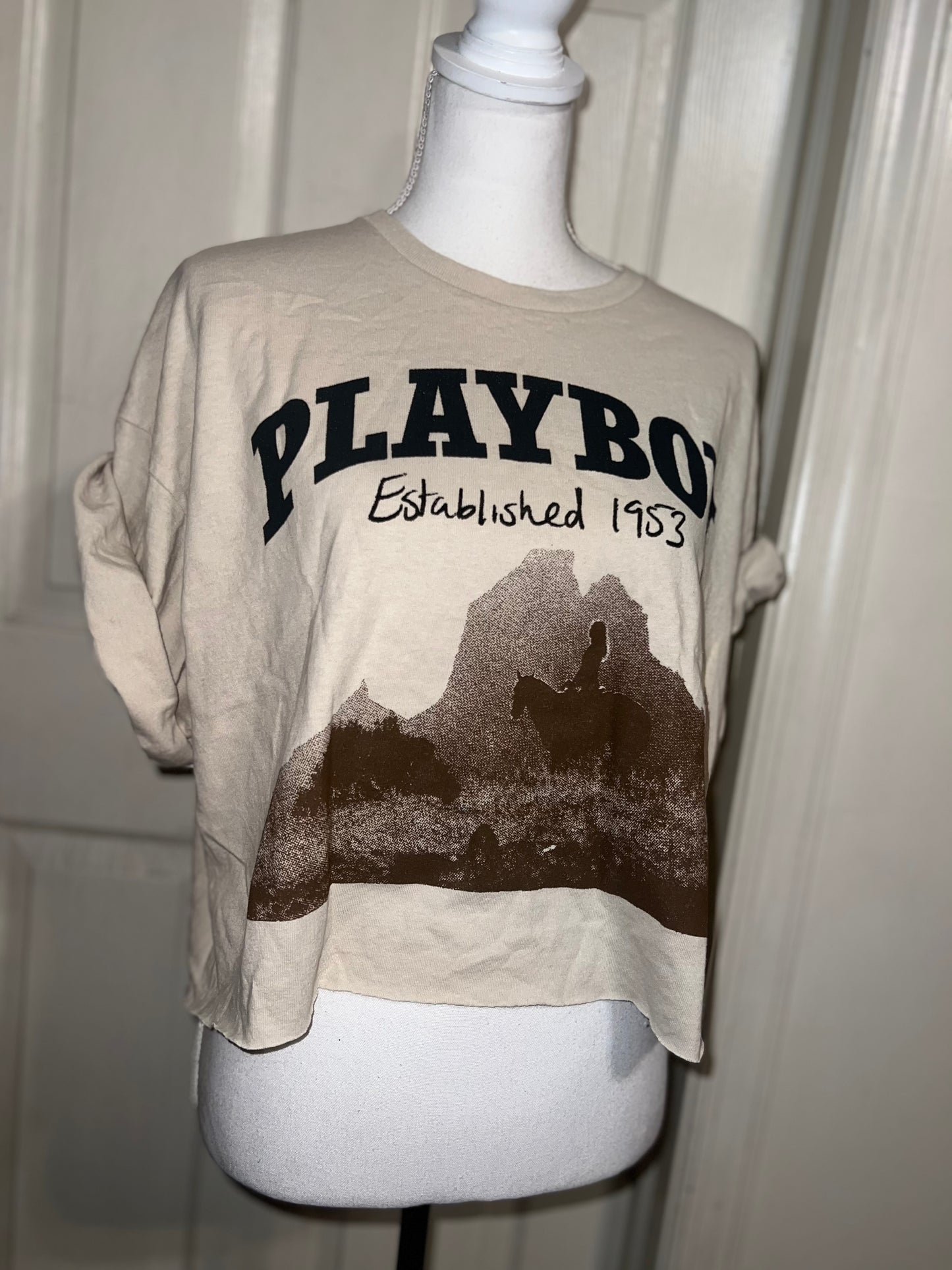 Playboy Oversized Distressed Cropped Tee