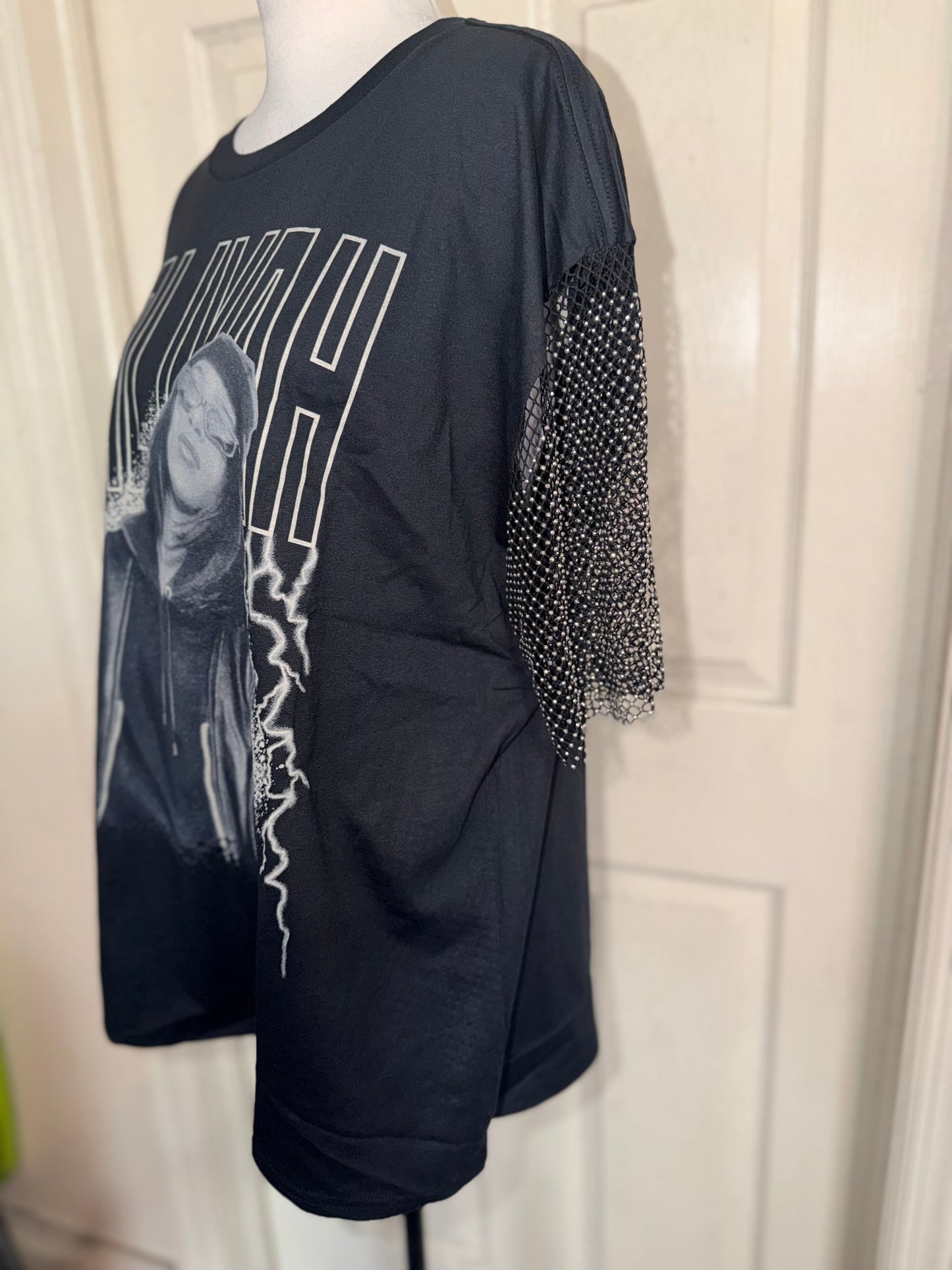 Aaliyah Embellished Sleeve Oversized Distressed Tee
