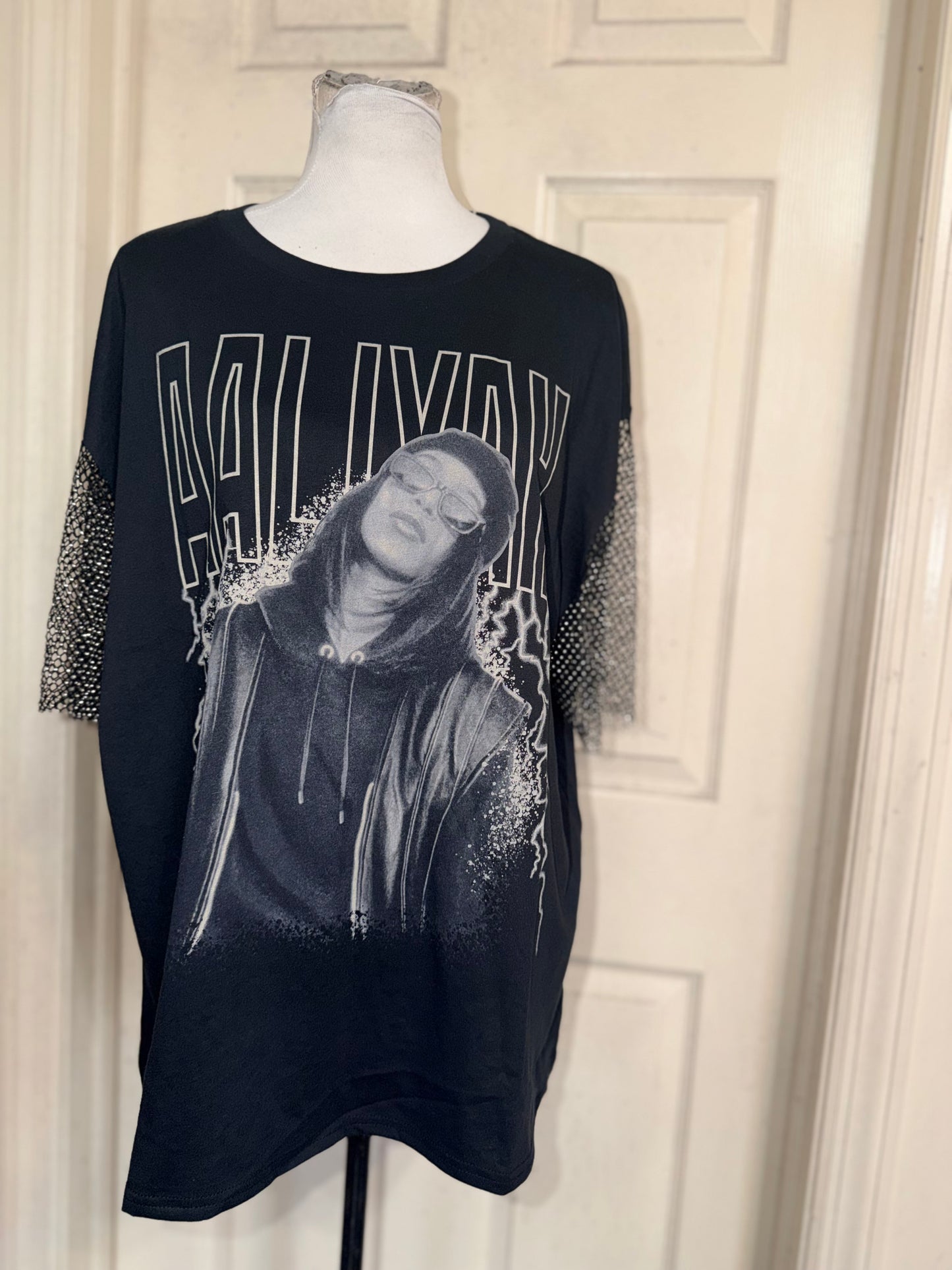 Aaliyah Embellished Sleeve Oversized Distressed Tee
