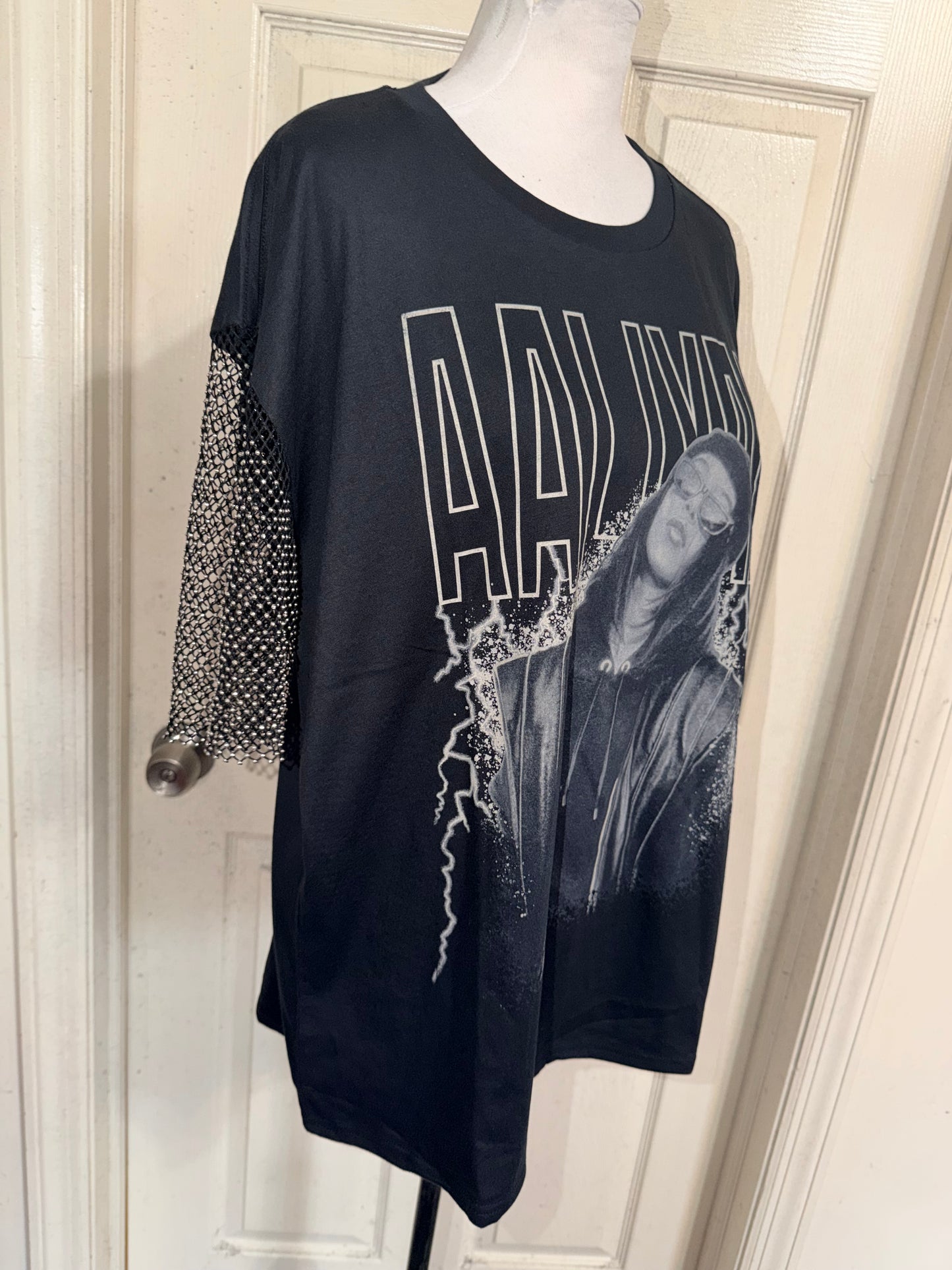 Aaliyah Embellished Sleeve Oversized Distressed Tee