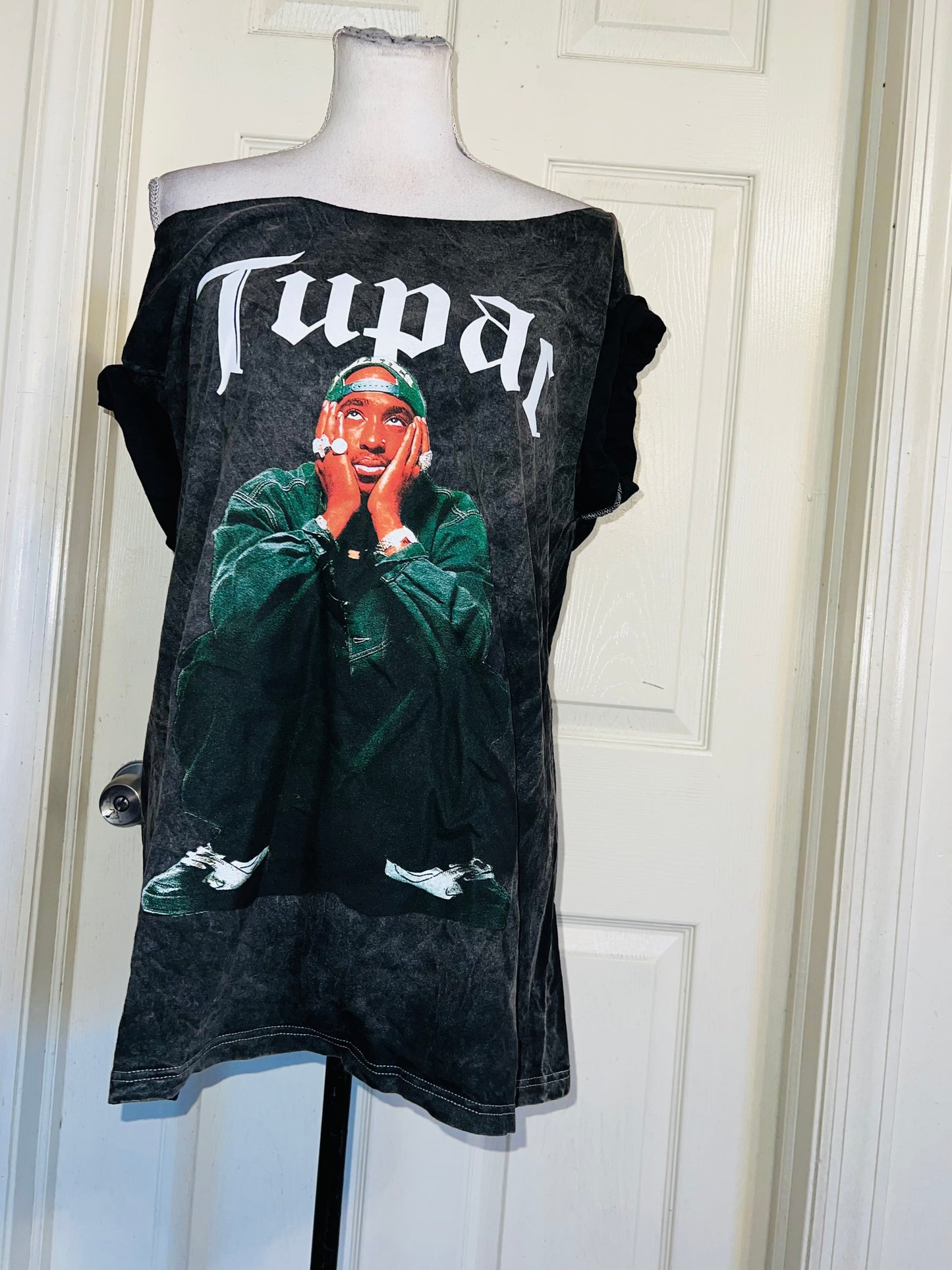 Tupac Oversized Distressed Off The Shoulder Tee