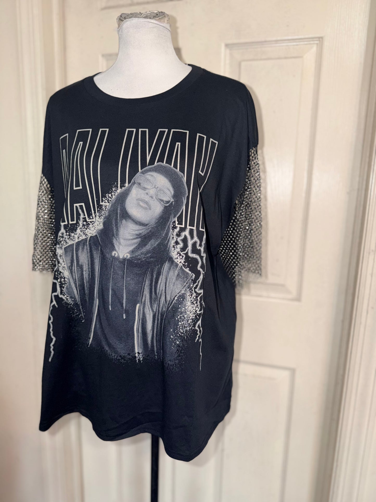 Aaliyah Embellished Sleeve Oversized Distressed Tee