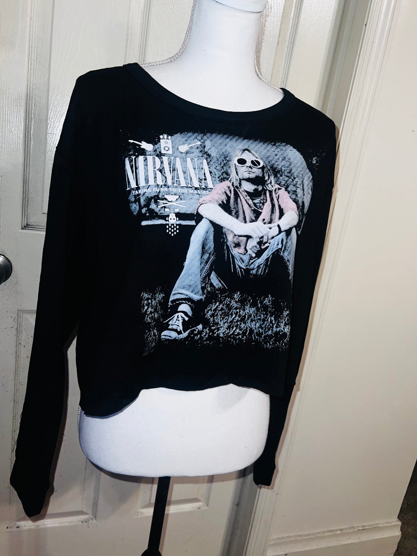 Nirvana Oversized Distressed Cropped Long Sleeve Tee