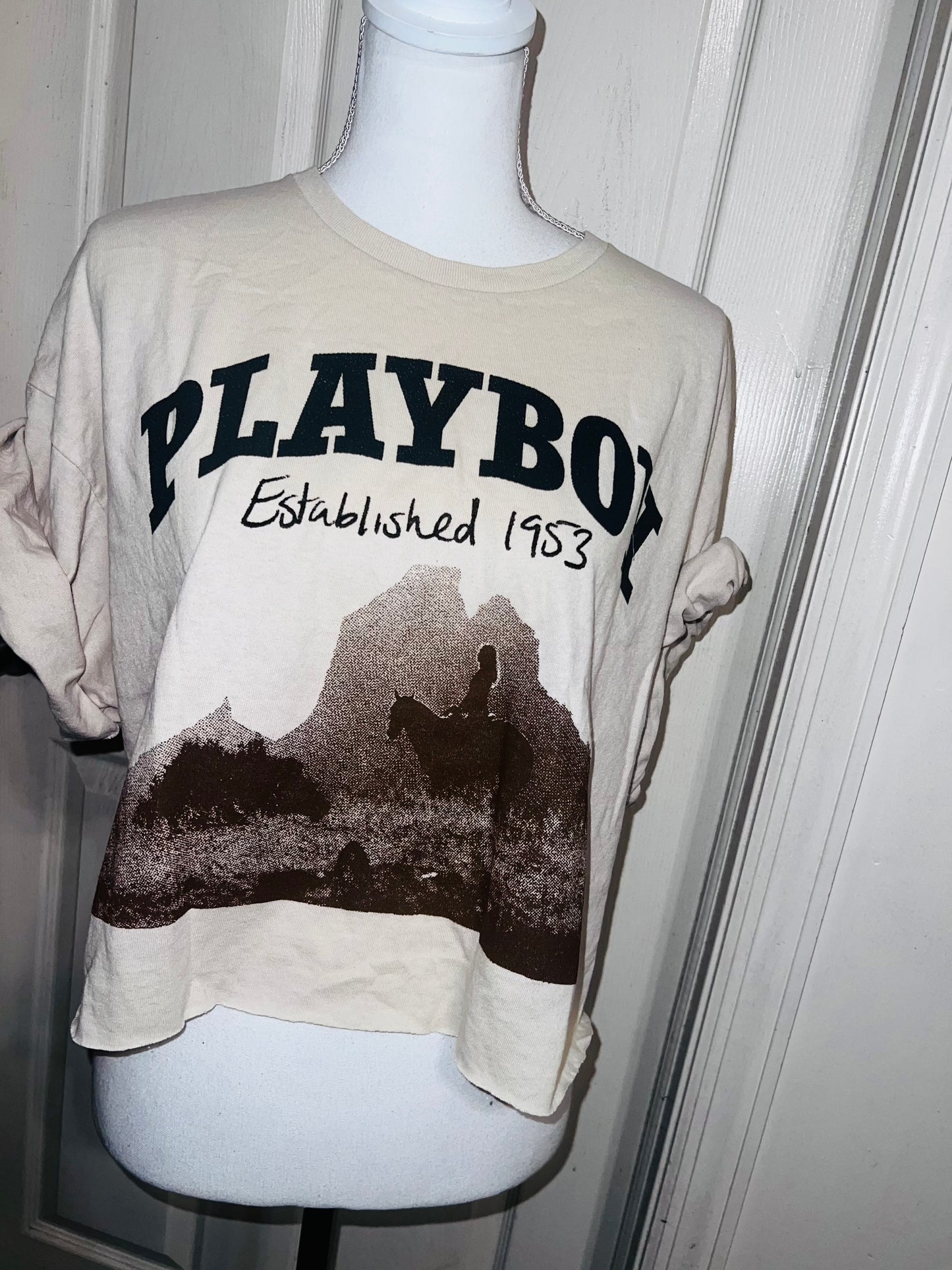 Playboy Oversized Distressed Cropped Tee