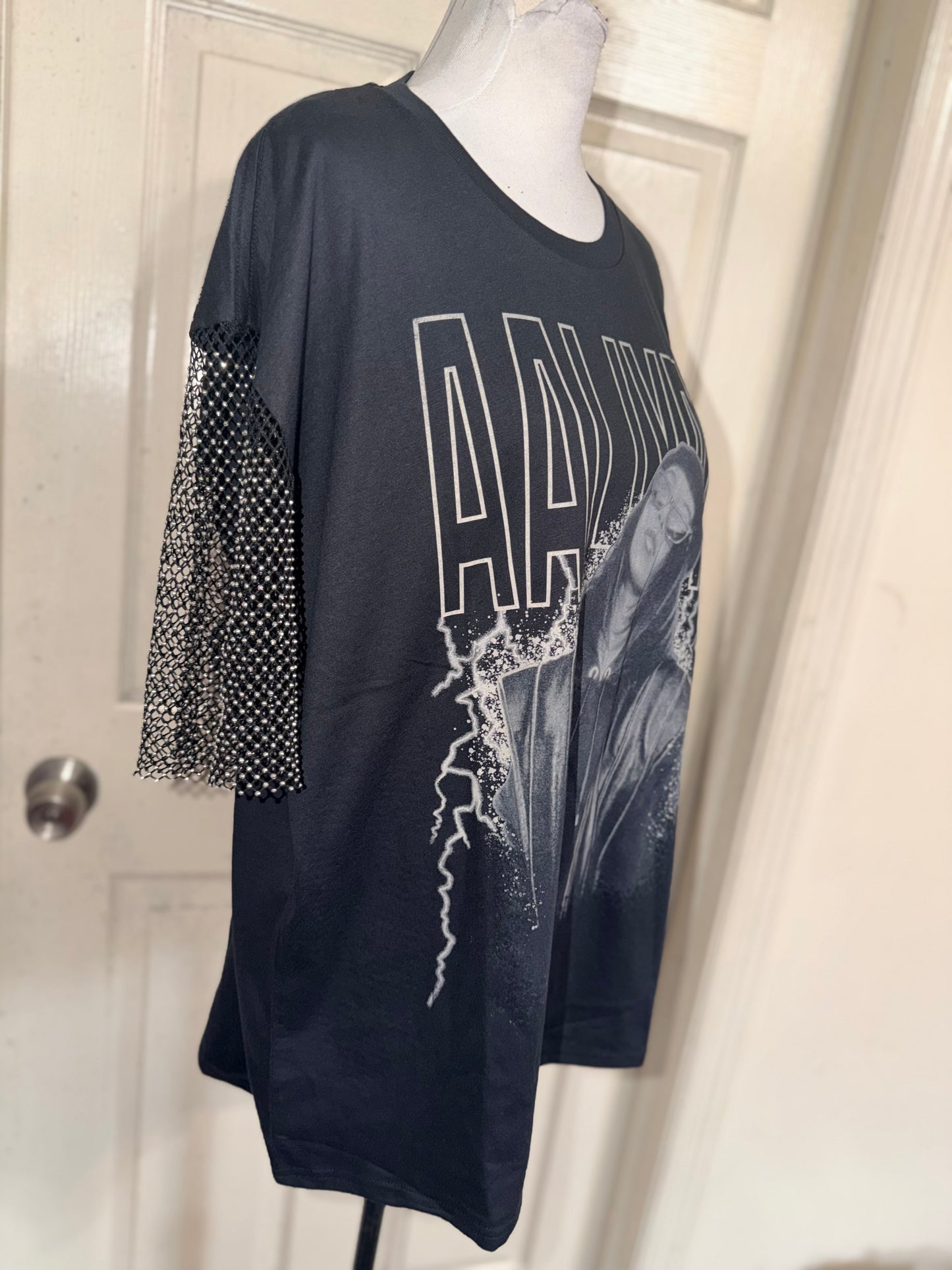 Aaliyah Embellished Sleeve Oversized Distressed Tee