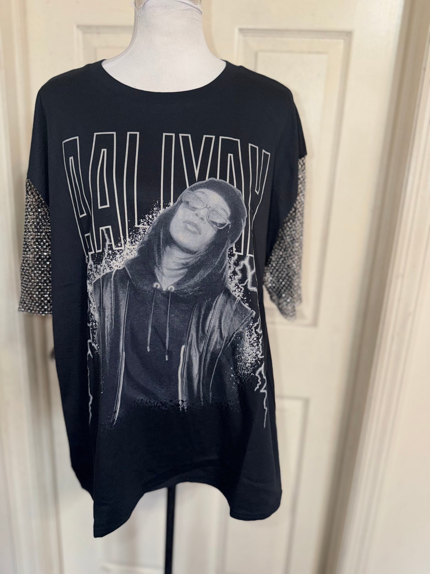 Aaliyah Embellished Sleeve Oversized Distressed Tee